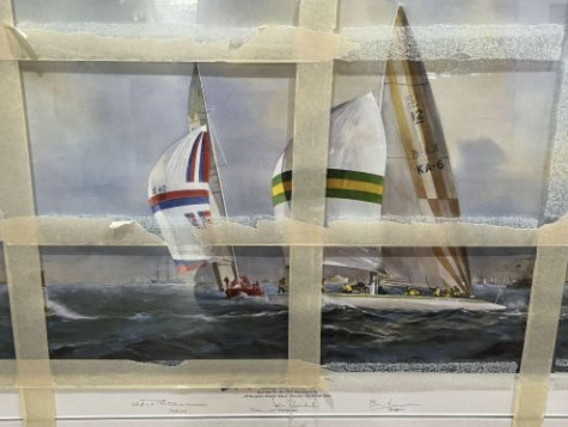 "Defeating Liberty 1983 America's Cup", Sailing Art Print Framed, tape over glass, Signed at bottom - Image 2 of 6