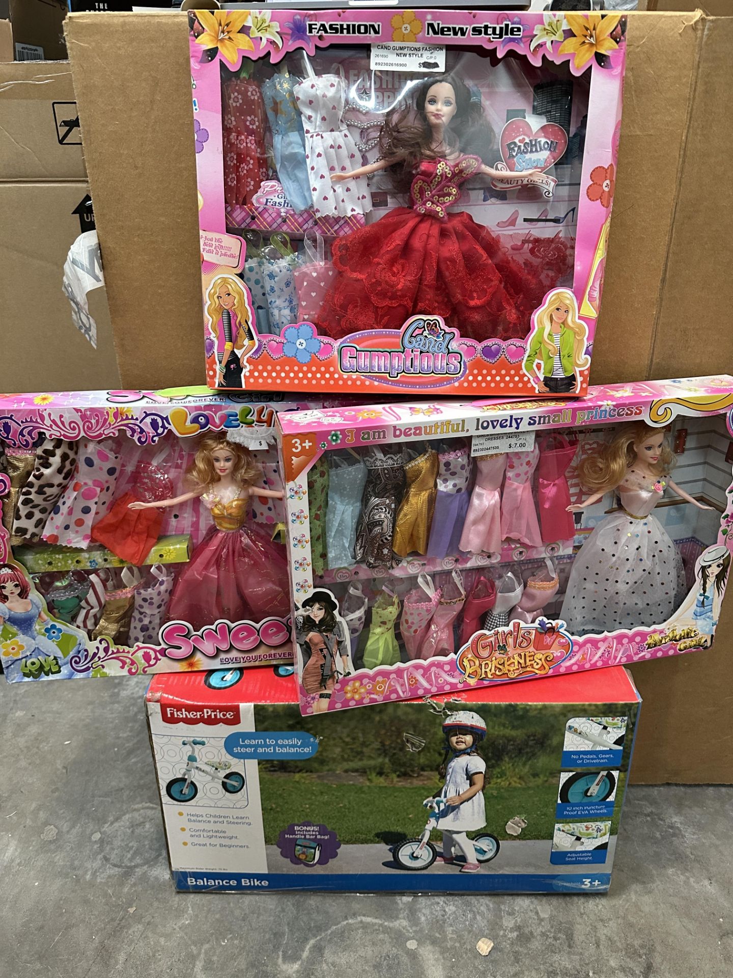Lot of Large Girl's Toy sets. Dolls and Bicycle.