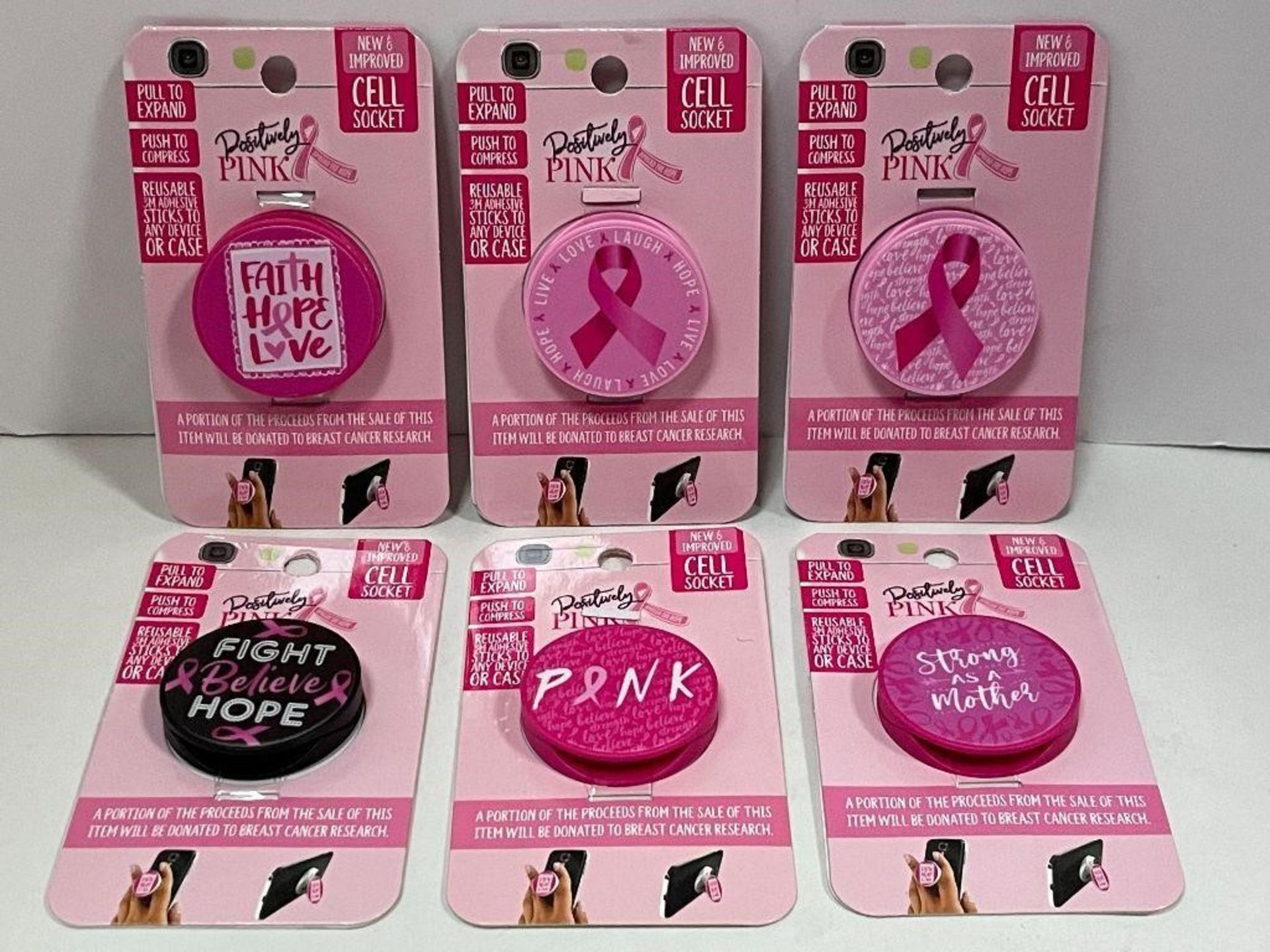 6 X BREAST CANCER PINK CELLPHONE POP UP SOCKETS. ATTACH TO THE BACK OF YOUR CELLPHONE AND POP UP TO - Image 3 of 4