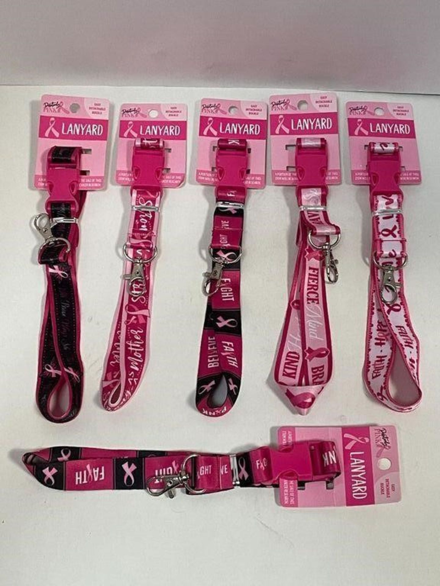 6 X BREAST CANCER PINK LANYARDS WITH KEY CLASP, VARIOUS DESIGNS - Image 2 of 4