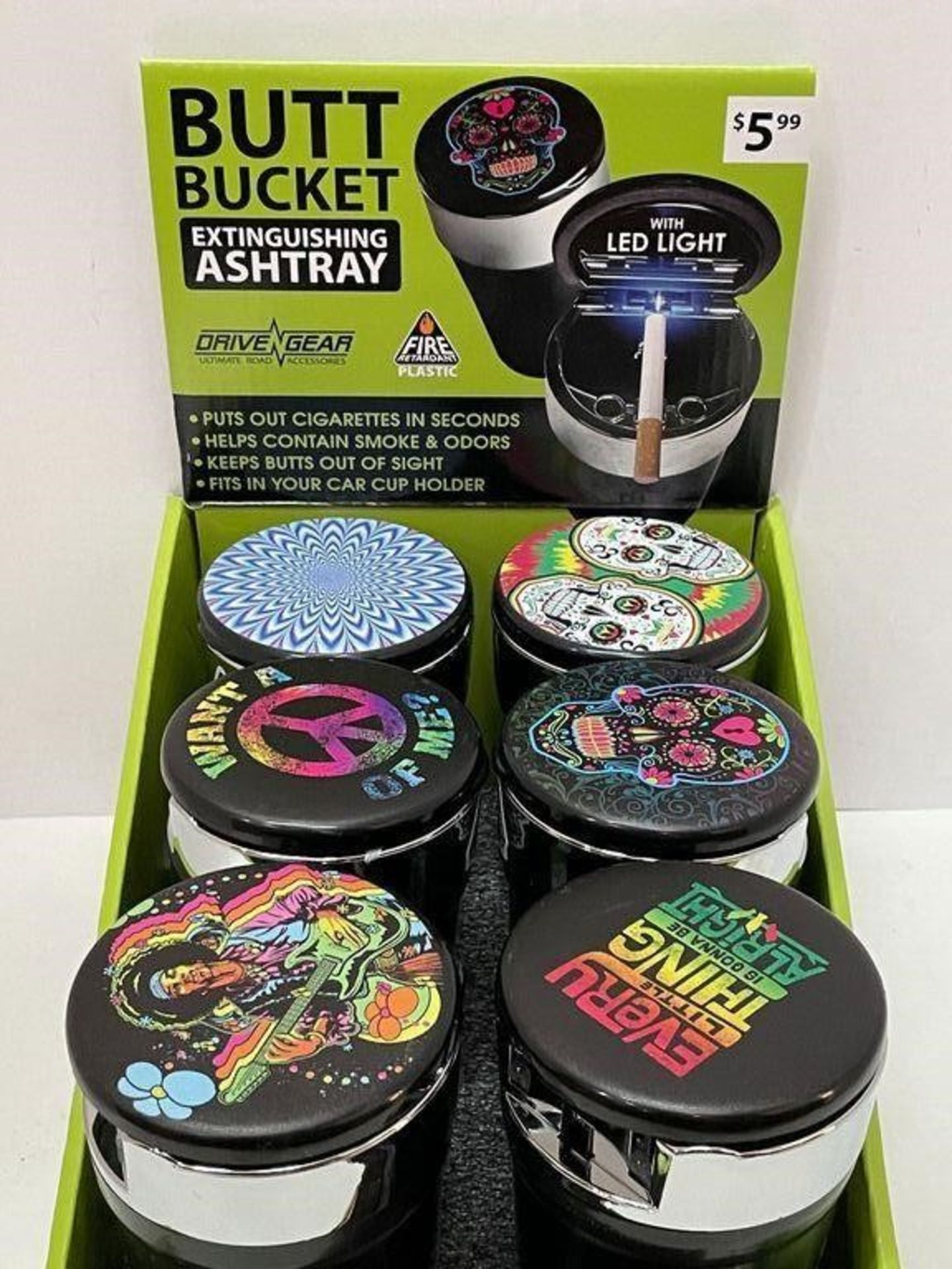 6 X LED BUTT BUCKET EXTINGUISHING ASHTRAYS VARIOUS DESIGNS IN DISPLAY CASE - Image 3 of 3