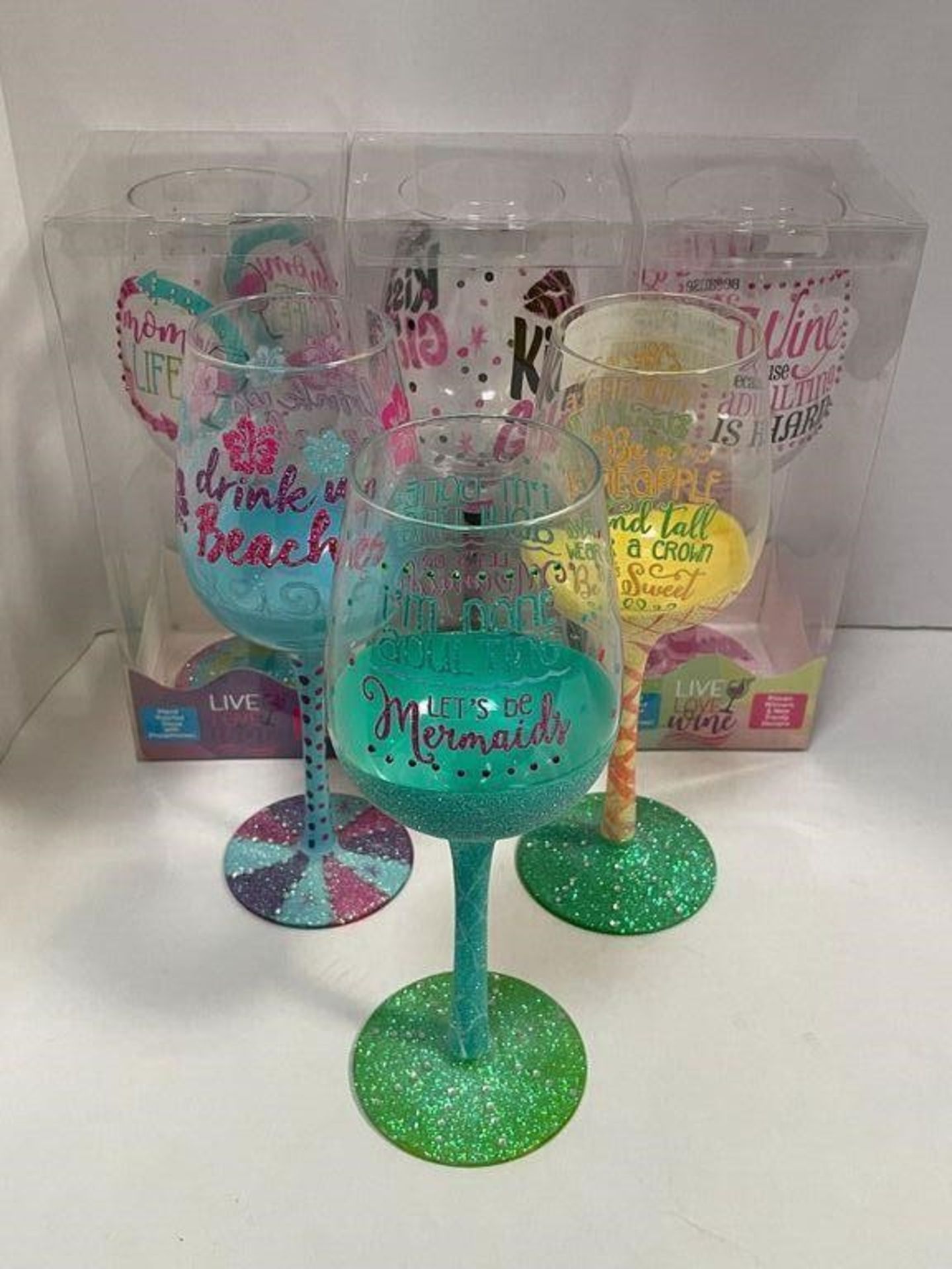 6 X DECORATED WINE GLASSES WITH FUN SAYINGS/PHRASES, VAROUS SAYINGS AND DESIGNS