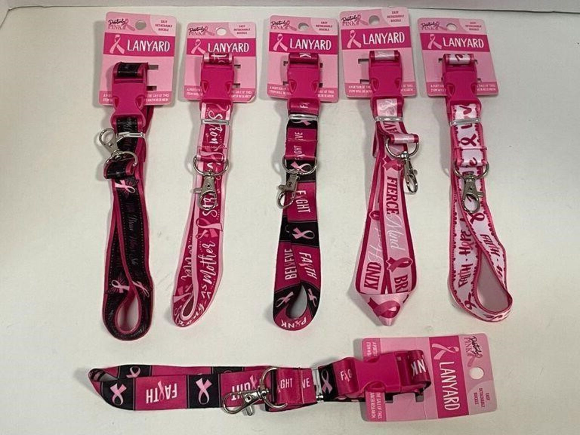 6 X BREAST CANCER PINK LANYARDS WITH KEY CLASP, VARIOUS DESIGNS