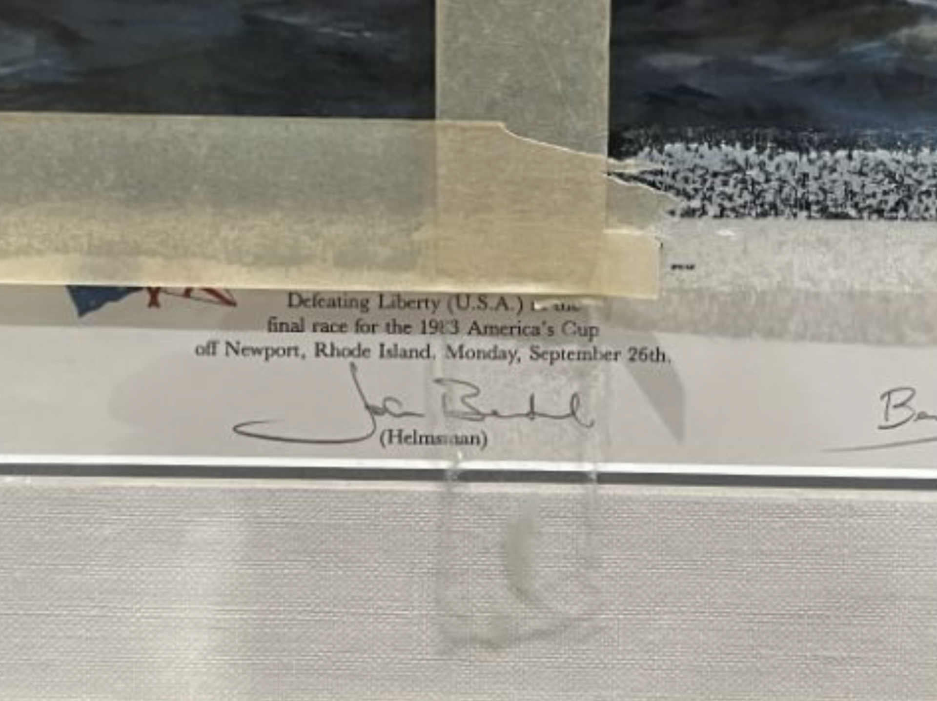 "Defeating Liberty 1983 America's Cup", Sailing Art Print Framed, tape over glass, Signed at bottom - Image 3 of 6