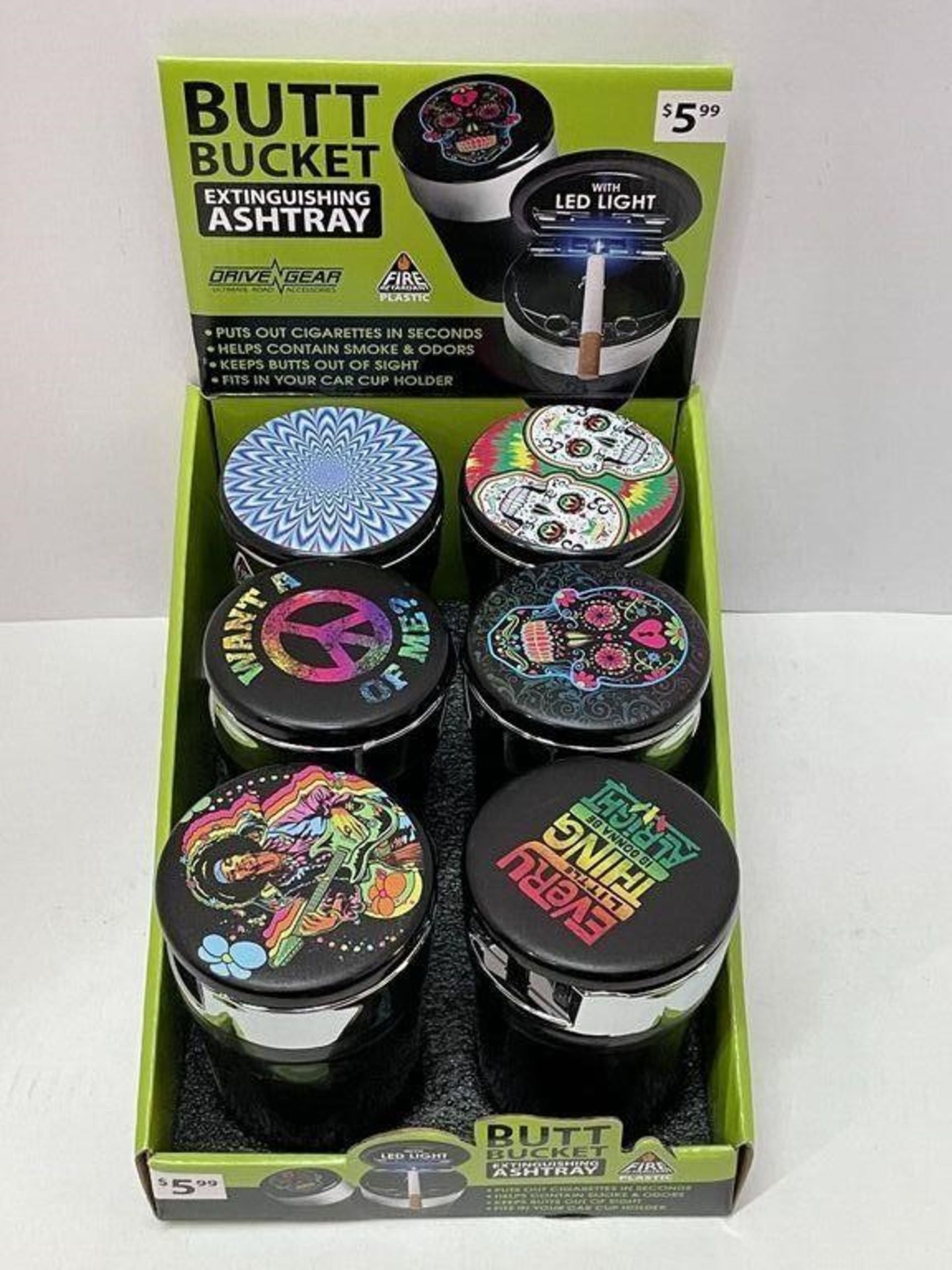 6 X LED BUTT BUCKET EXTINGUISHING ASHTRAYS VARIOUS DESIGNS IN DISPLAY CASE