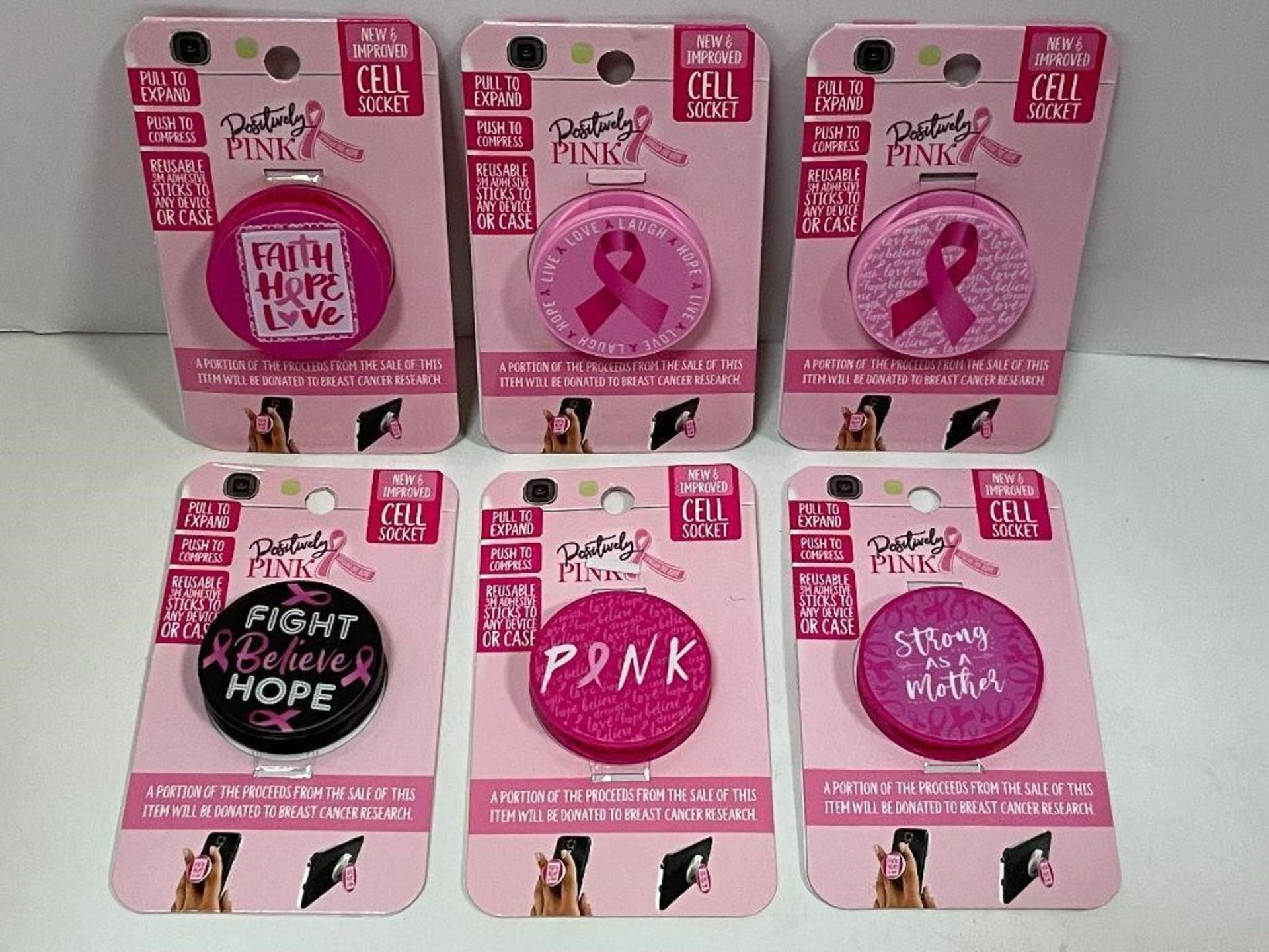 6 X BREAST CANCER PINK CELLPHONE POP UP SOCKETS. ATTACH TO THE BACK OF YOUR CELLPHONE AND POP UP TO