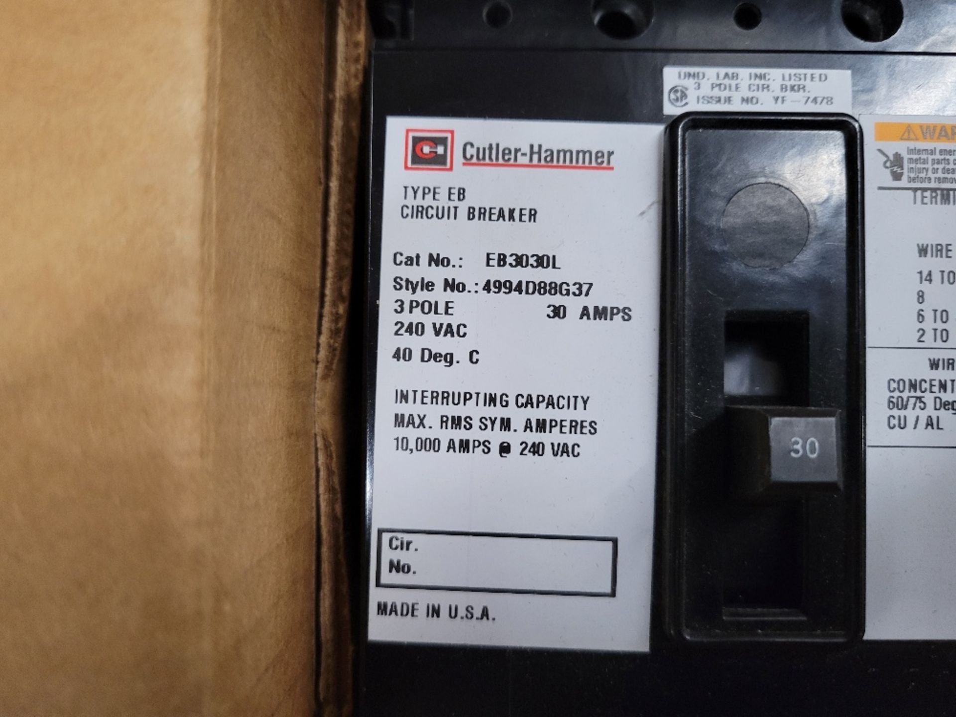 1x Cutler Hammer Unused Surplus SF-423152 Molded Case Breakers (MCCBs) EB 3P 30A 240V 50/60Hz 3Ph - Image 3 of 3