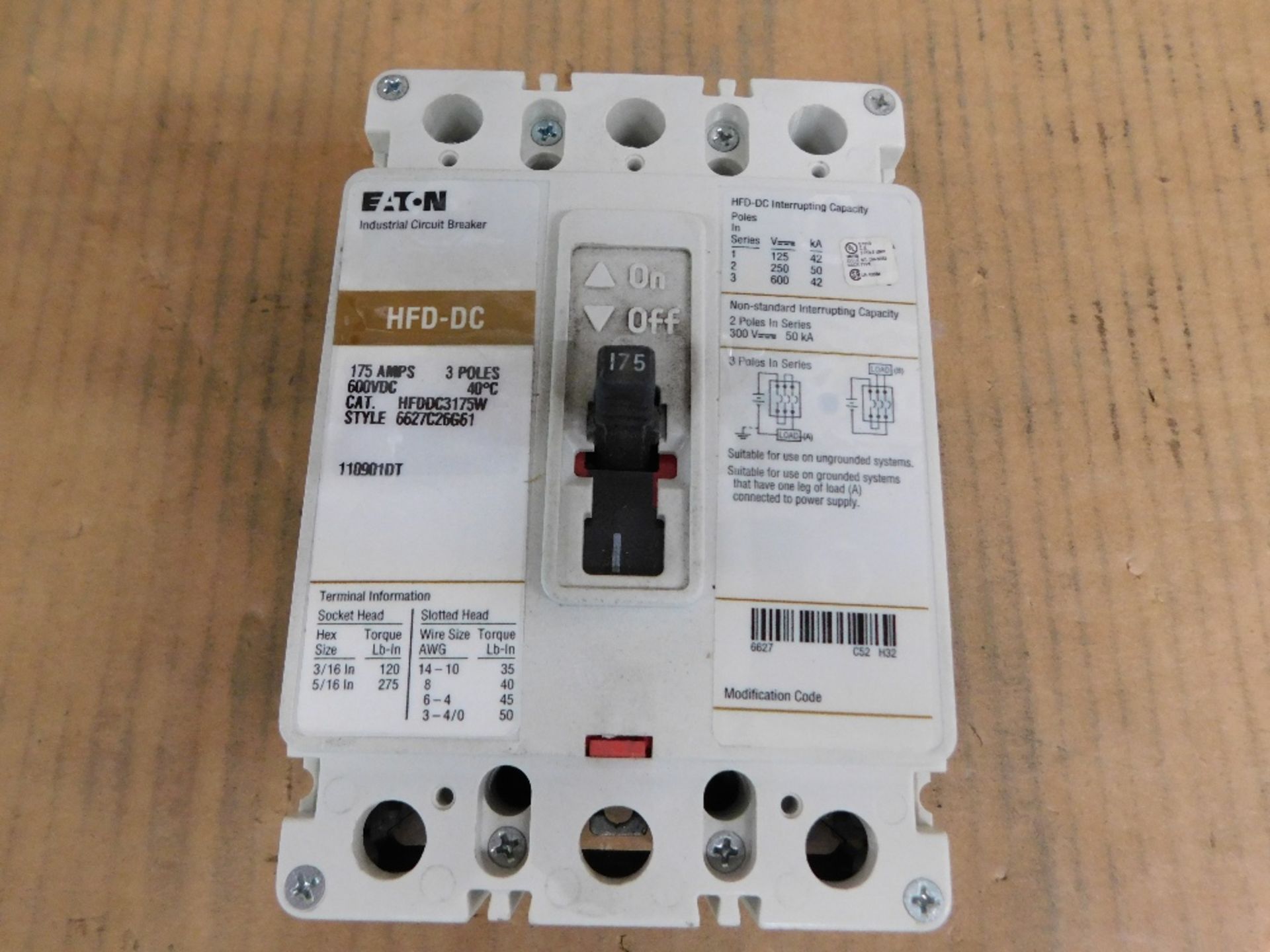 2x Eaton Unused Surplus HFDDC3175W Molded Case Breakers (MCCBs) HFD 3P 175A 600V 50/60Hz 3Ph F Frame - Image 3 of 4