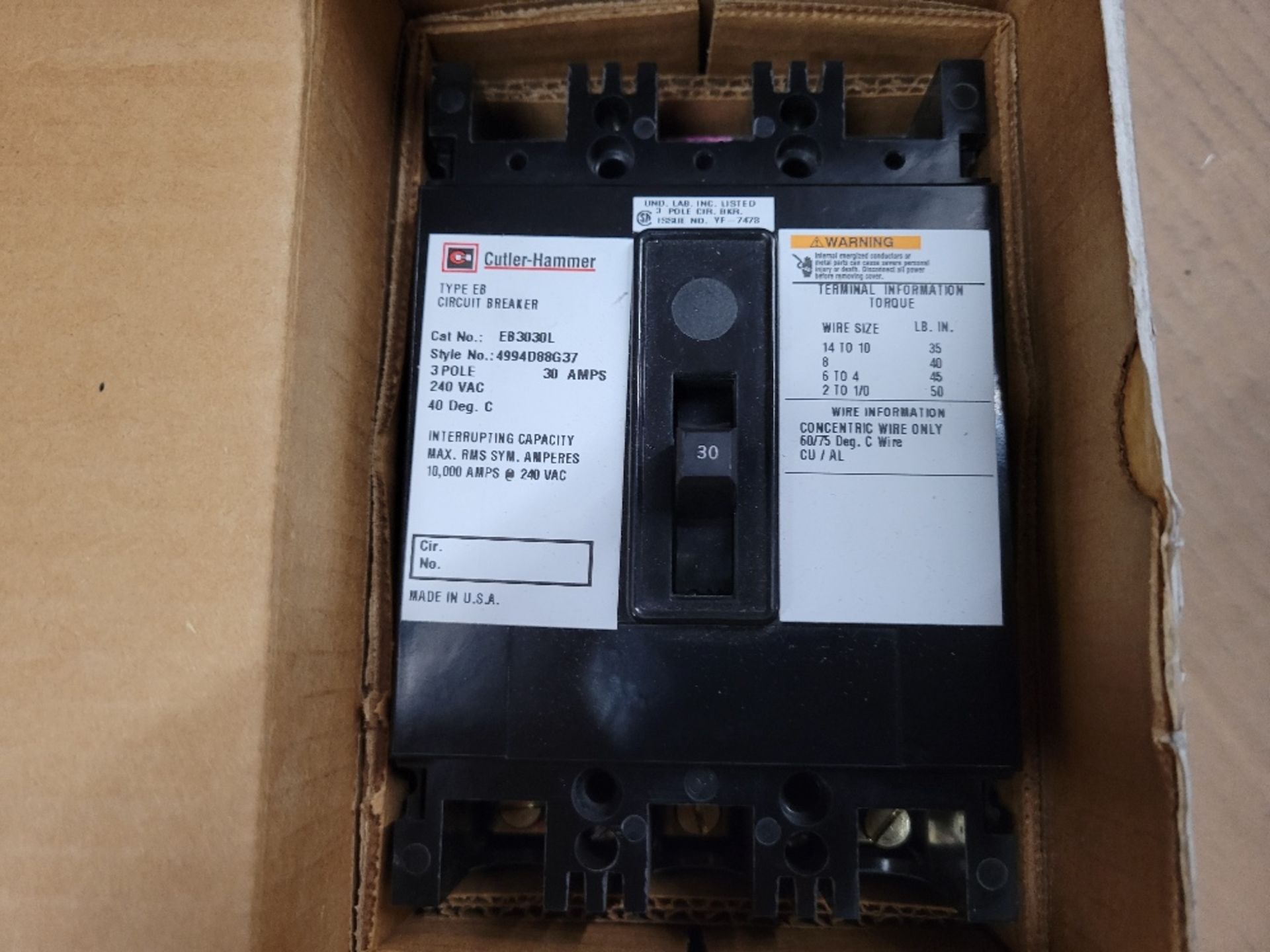1x Cutler Hammer Unused Surplus SF-423152 Molded Case Breakers (MCCBs) EB 3P 30A 240V 50/60Hz 3Ph - Image 2 of 3