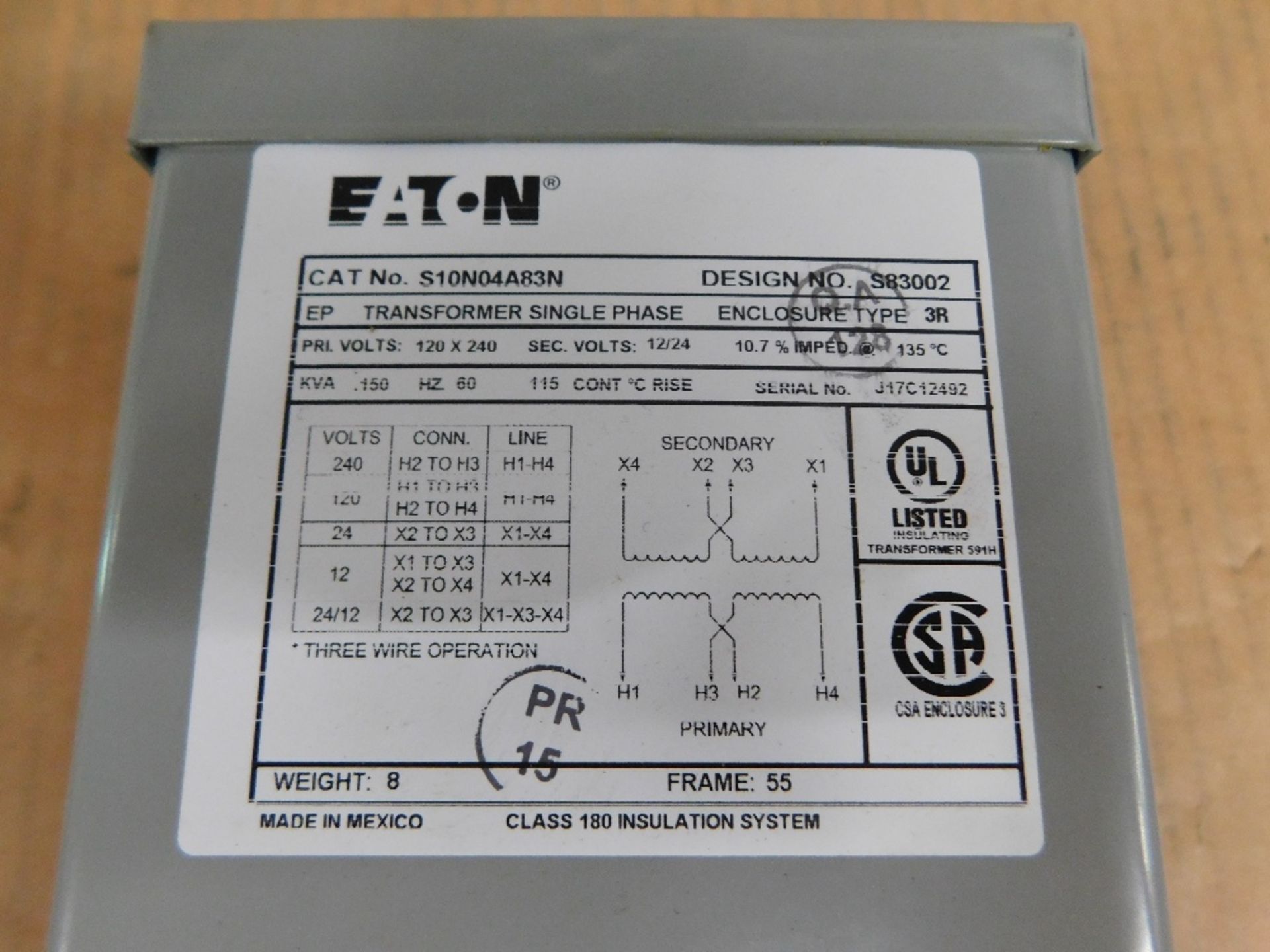1x Eaton s10n04a83n Other Transformers Dry Type 240V 60Hz 1Ph NEMA 3R Secondary Voltage: 24V 250VA - Image 3 of 6