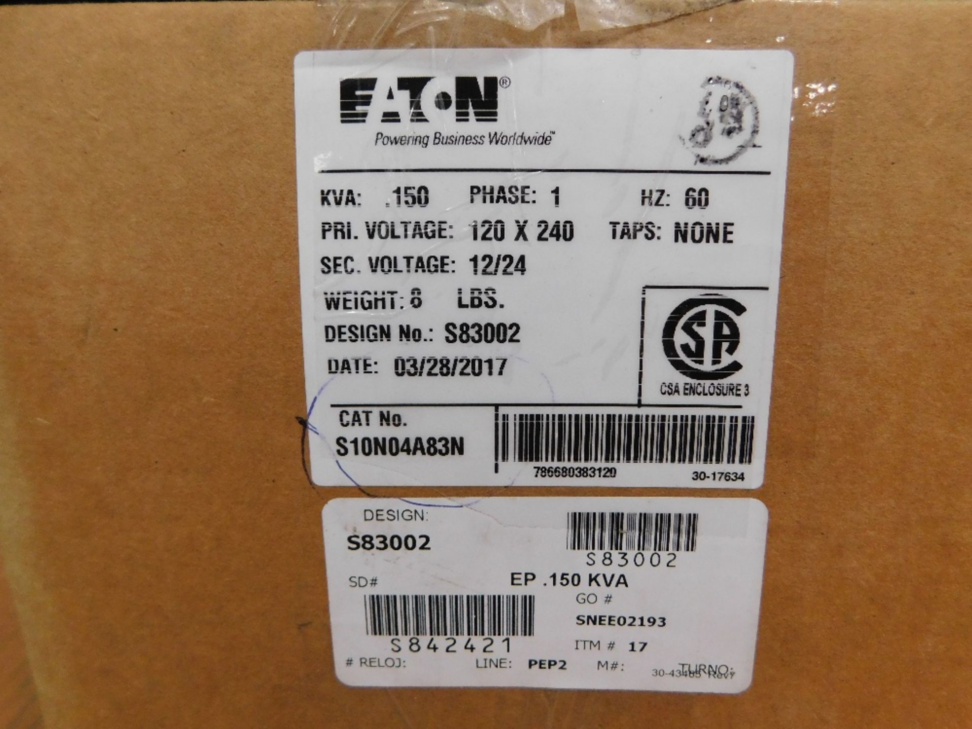 1x Eaton s10n04a83n Other Transformers Dry Type 240V 60Hz 1Ph NEMA 3R Secondary Voltage: 24V 250VA
