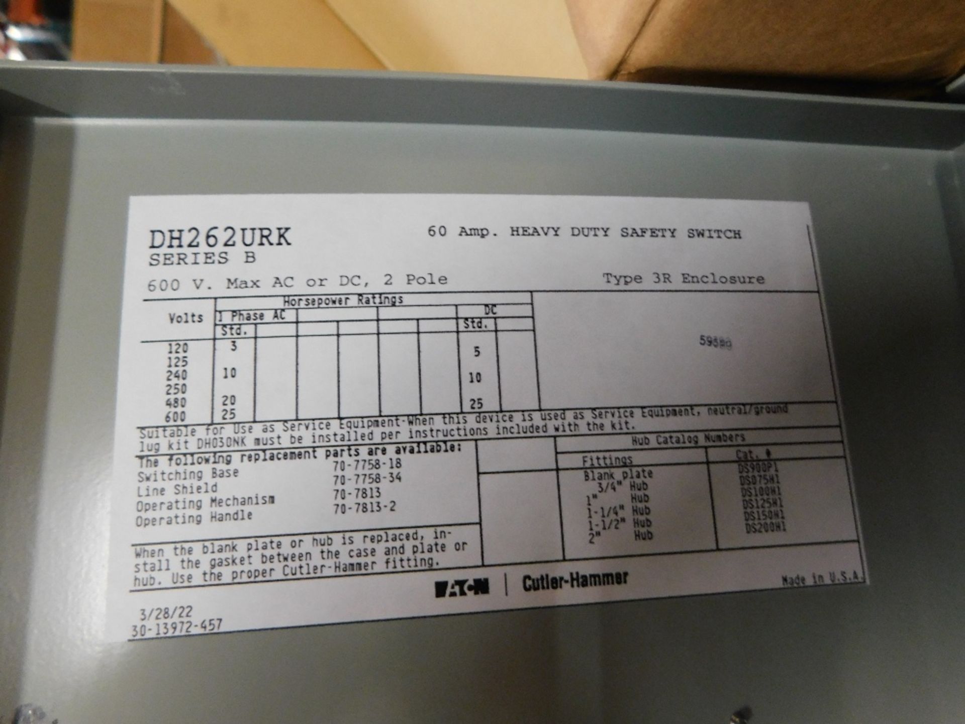 1x Eaton DH262URK Safety Switches DH 2P 60A 600V 50 60Hz 1Ph Non Fusible 2Wire EA NEMA 3R - Image 3 of 5