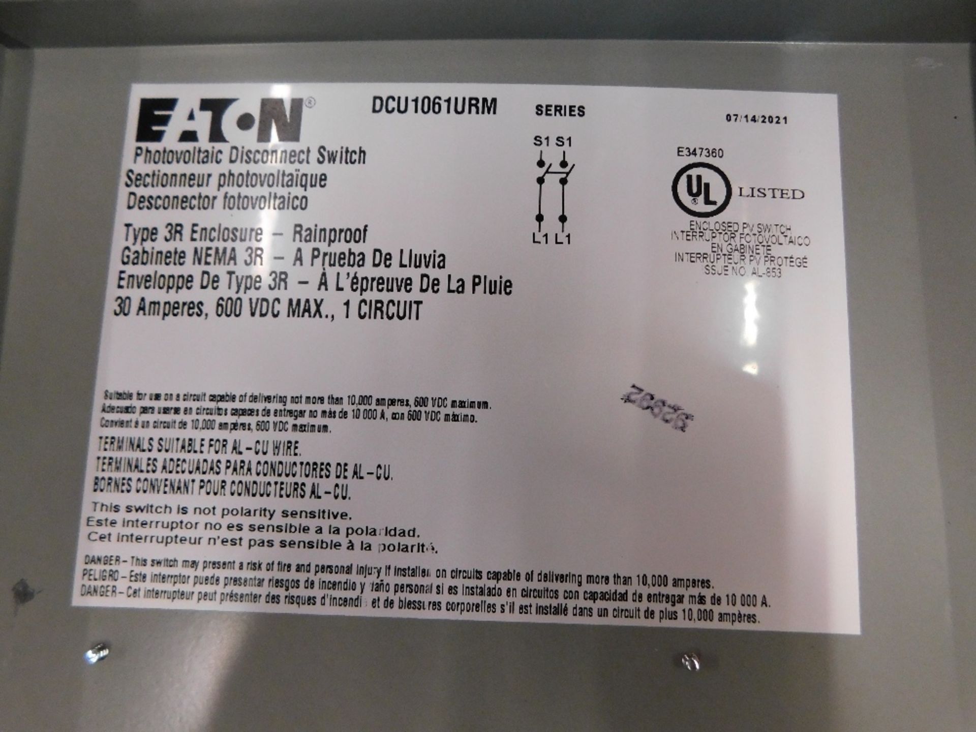 1x Eaton DCU1061URM Safety Switches DCU 1P 30A 600V 50 60Hz 1Ph Non Fusible 2Wire EA NEMA 3R - Image 5 of 8