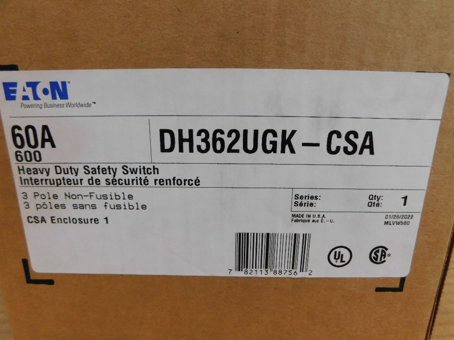 1x Eaton DH362UGK-CSA Safety Switches DH 3P 60A 600V 50 60Hz 3Ph Non Fusible 3Wire EA NEMA 1