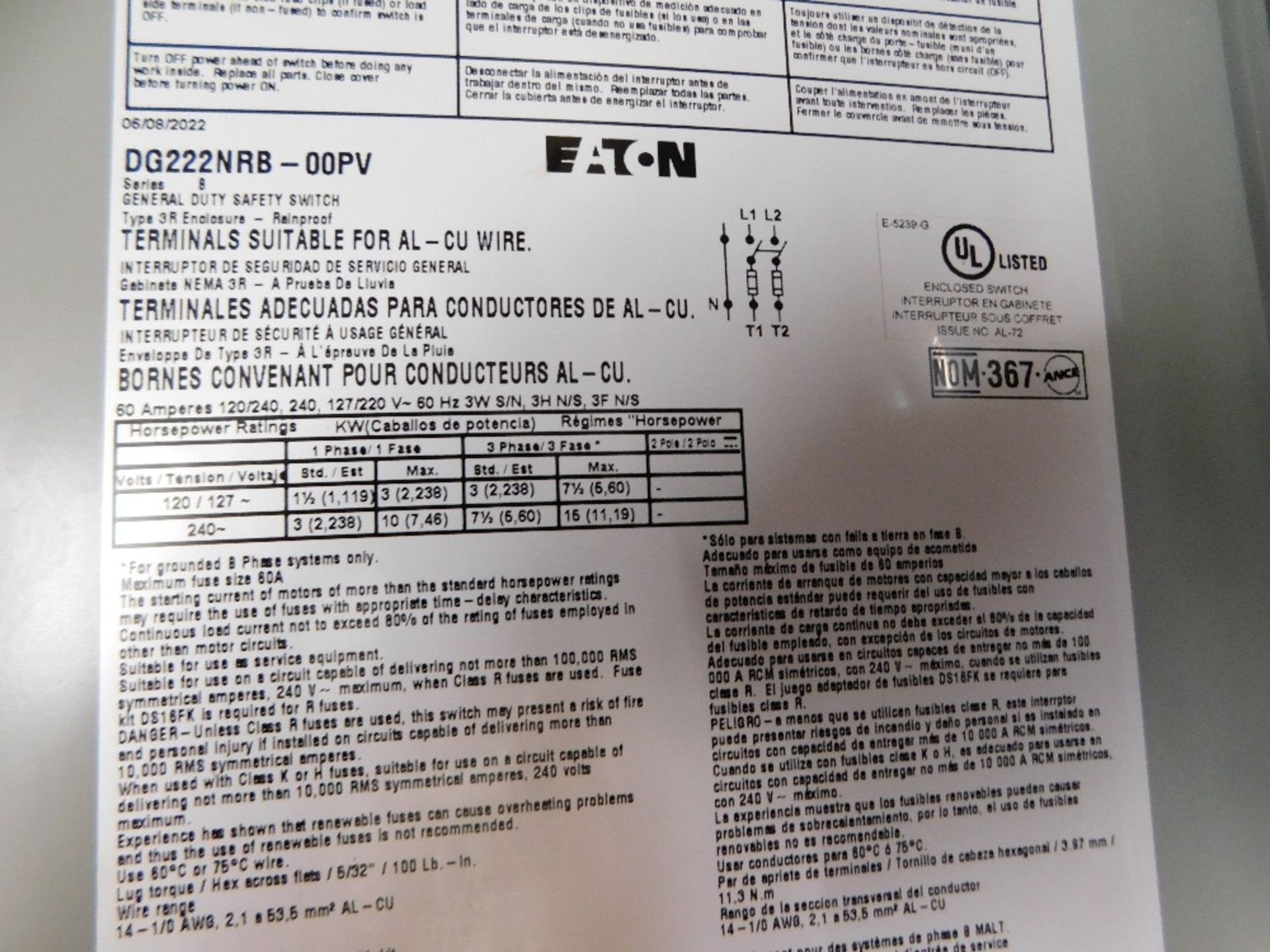 1x Eaton DG222NRB-00PV Safety Switches DG 2P 60A 240V 50 60Hz 1Ph Fusible 3Wire Nema 3R RAINPROOF - Image 4 of 6