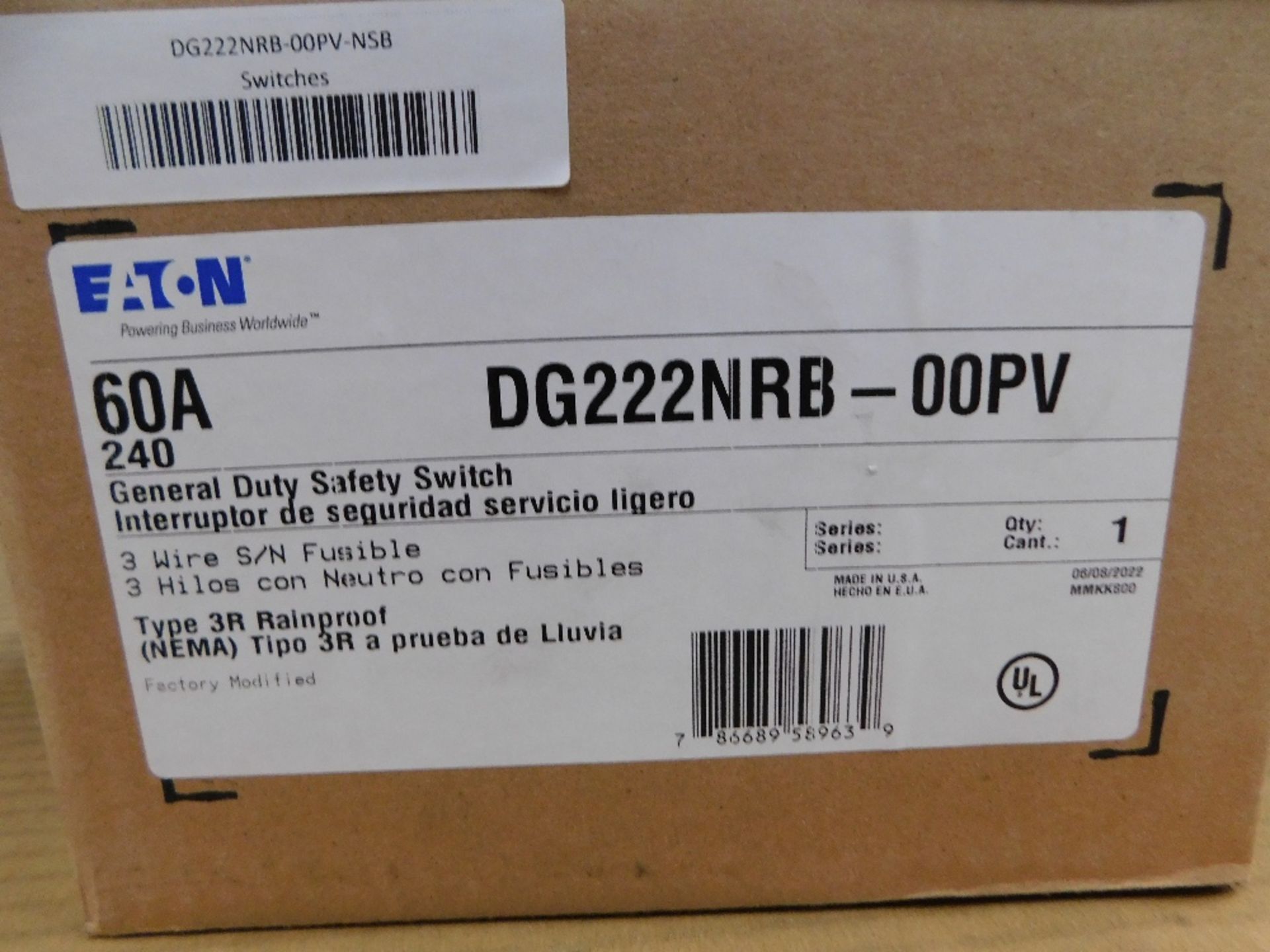 1x Eaton DG222NRB-00PV Safety Switches DG 2P 60A 240V 50 60Hz 1Ph Fusible 3Wire Nema 3R RAINPROOF