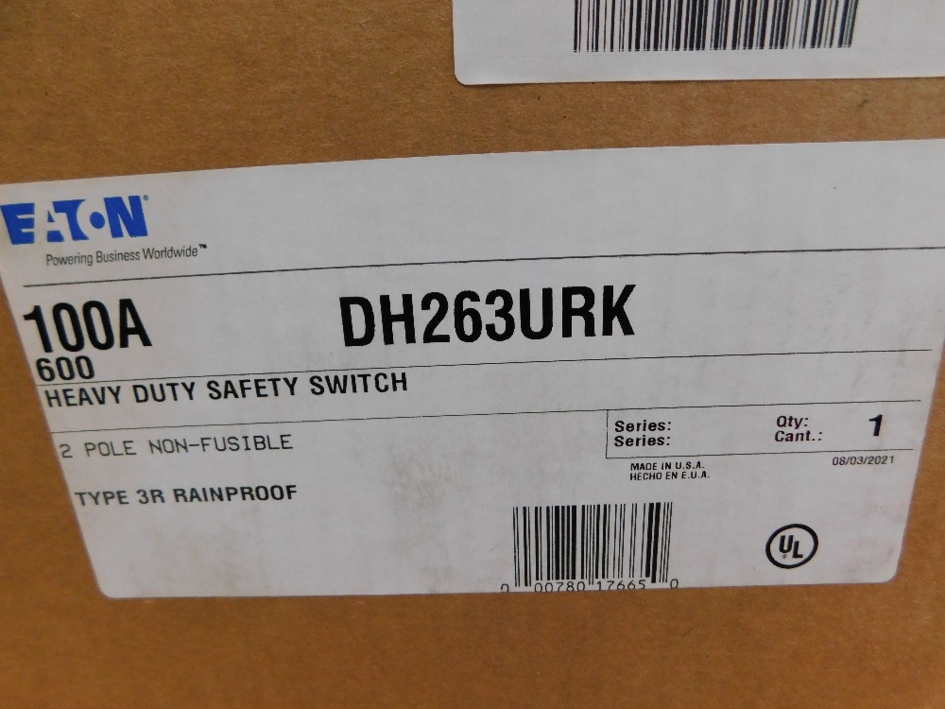 1x Eaton DH263URK Safety Switches DH 2P 100A 600V 50 60Hz 1Ph Non Fusible 2Wire EA NEMA 3R