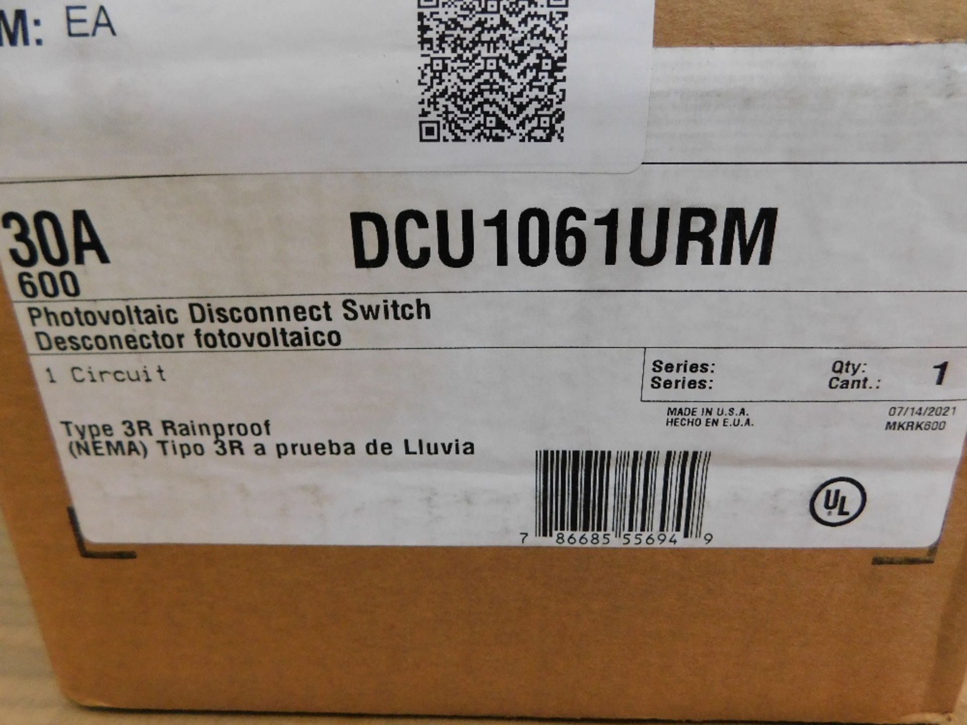 1x Eaton DCU1061URM Safety Switches DCU 1P 30A 600V 50 60Hz 1Ph Non Fusible 2Wire EA NEMA 3R - Image 2 of 8