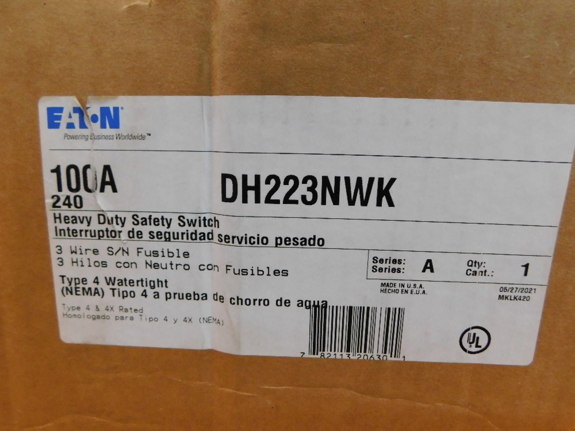 1x Eaton DH223NWK Safety Switches DH 2P 100A 240V 50 60Hz 1Ph Fusible w Neutral 3Wire NEMA 4X