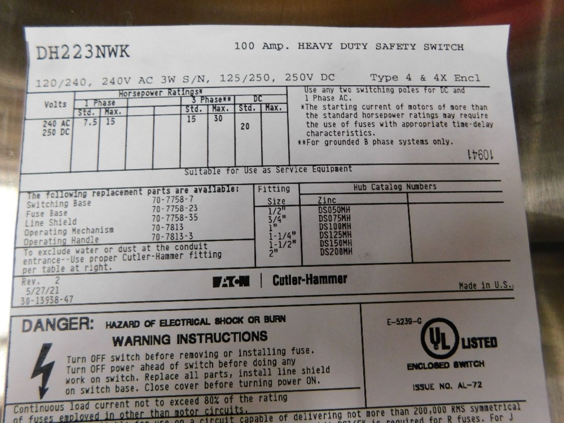 1x Eaton DH223NWK Safety Switches DH 2P 100A 240V 50 60Hz 1Ph Fusible w Neutral 3Wire NEMA 4X - Image 4 of 7