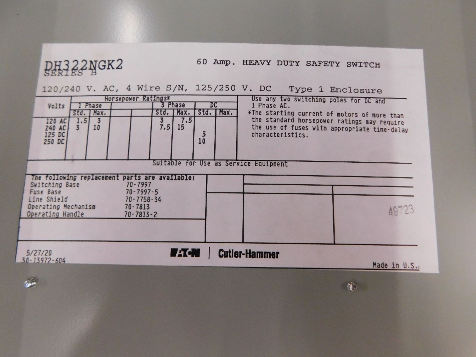 1x Eaton DH322NGK2 Safety Switches DH 3P 60A 240V 50 60Hz 3Ph Fusible 4Wire NEMA 1 - Image 6 of 8