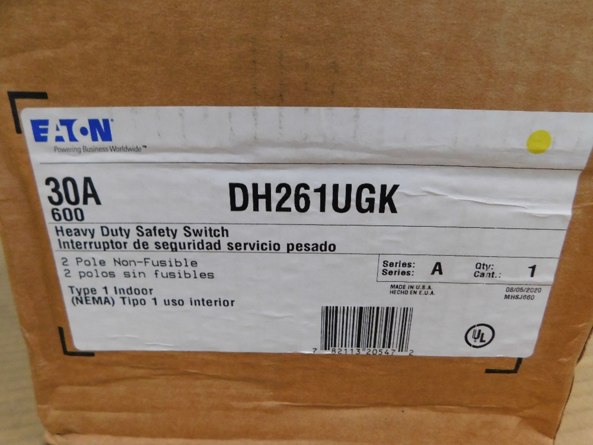 1x Eaton DH261UGK Safety Switches DH 2P 30A 600V 50 60Hz 1Ph Non Fusible 2Wire EA NEMA 1