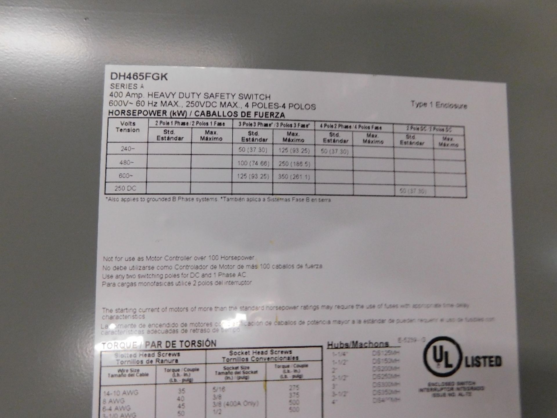 1x Eaton DH465FGK Safety Switches DH 4P 400A 600V 50 60Hz 3Ph Fusible 4Wire NEMA 1 Indoor - Image 4 of 6