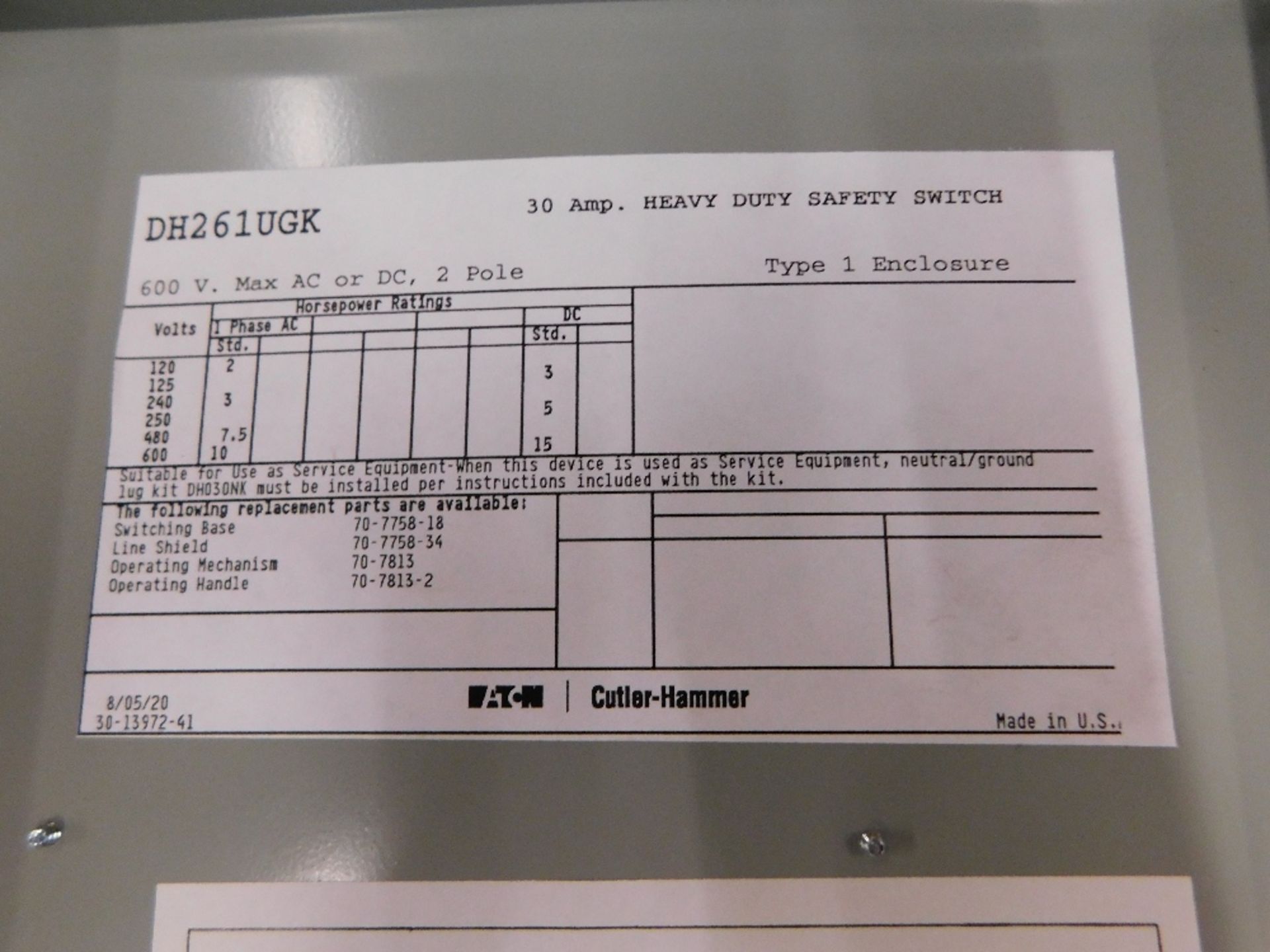 1x Eaton DH261UGK Safety Switches DH 2P 30A 600V 50 60Hz 1Ph Non Fusible 2Wire EA NEMA 1 - Image 5 of 7