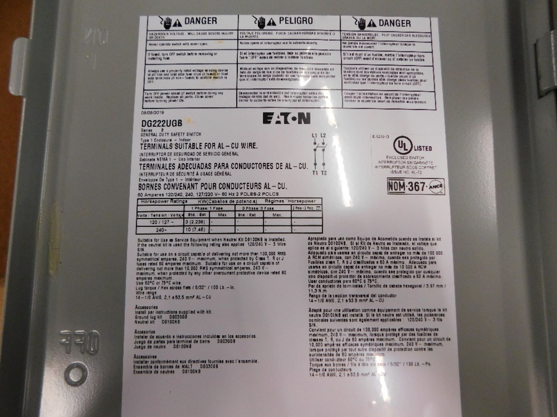 1x Eaton DG222UGB Safety Switches DG 2P 60A 240V 50 60Hz 1Ph Non Fusible 2Wire EA NEMA 1 - Image 5 of 7