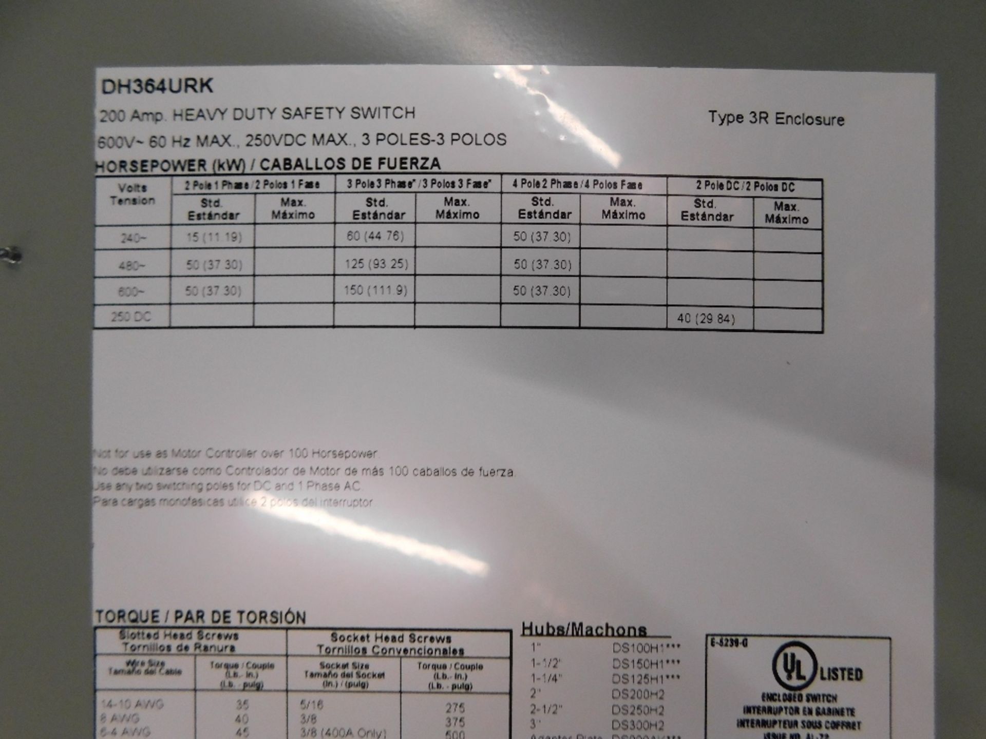 1x Eaton No Box Unused SurplusDH364URK Safety Switches DH 3P 200A 600V 50 60Hz 3Ph Non Fusible 3Wire - Image 4 of 6