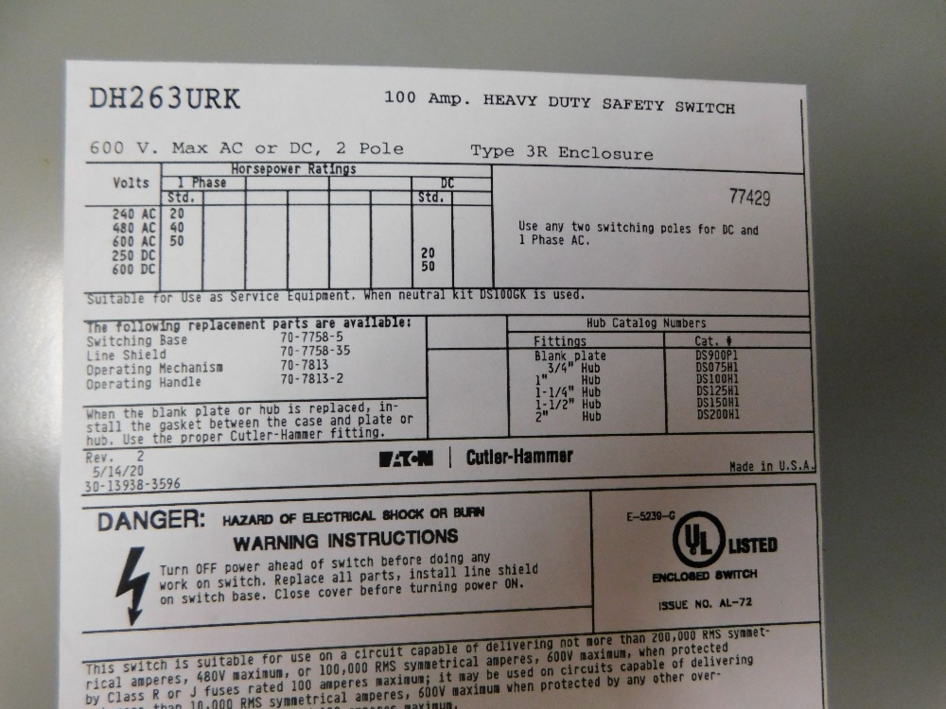 1x Eaton DH263URK Safety Switches DH 2P 100A 600V 50 60Hz 1Ph Non Fusible 2Wire EA NEMA 3R - Image 4 of 6