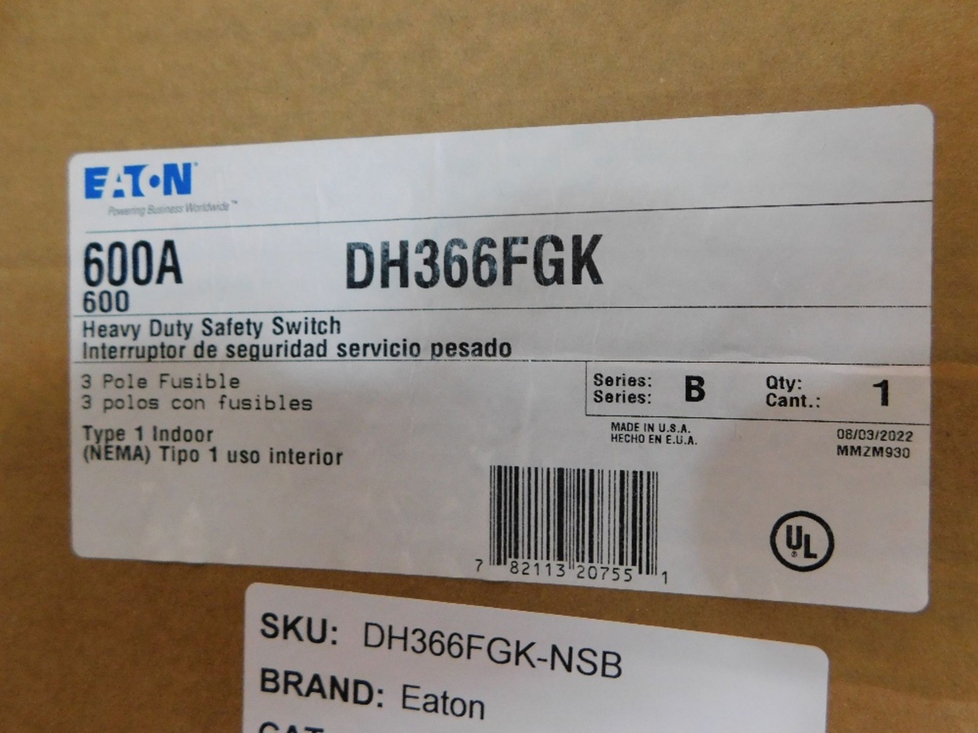 1x Eaton DH366FGK Safety Switches DH 3P 600A 600V 50 60Hz 3Ph Fusible w o Neutral 3Wire EA NEMA 1