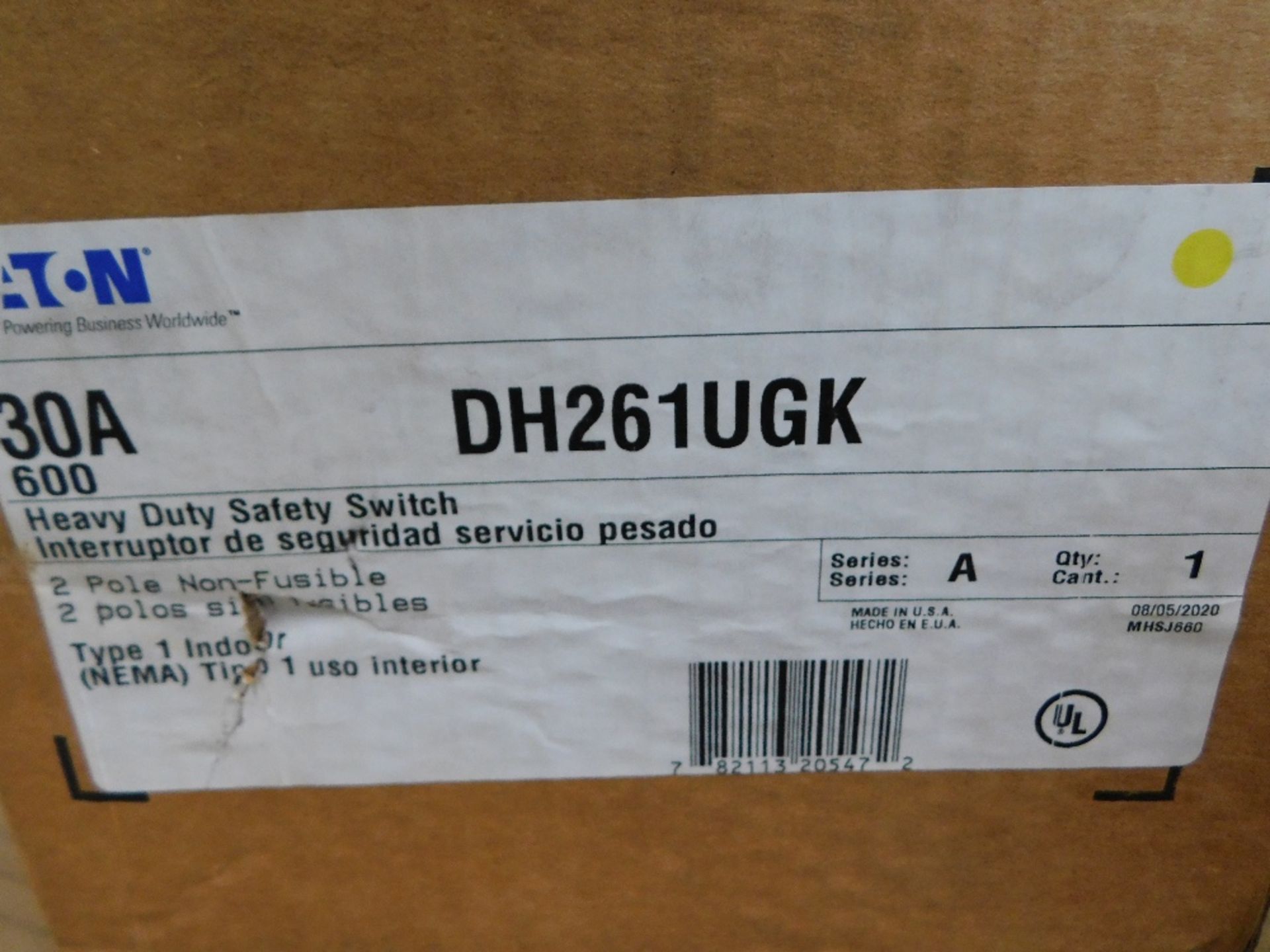 1x Eaton DH261UGK Safety Switches DH 2P 30A 600V 50 60Hz 1Ph Non Fusible 2Wire EA NEMA 1