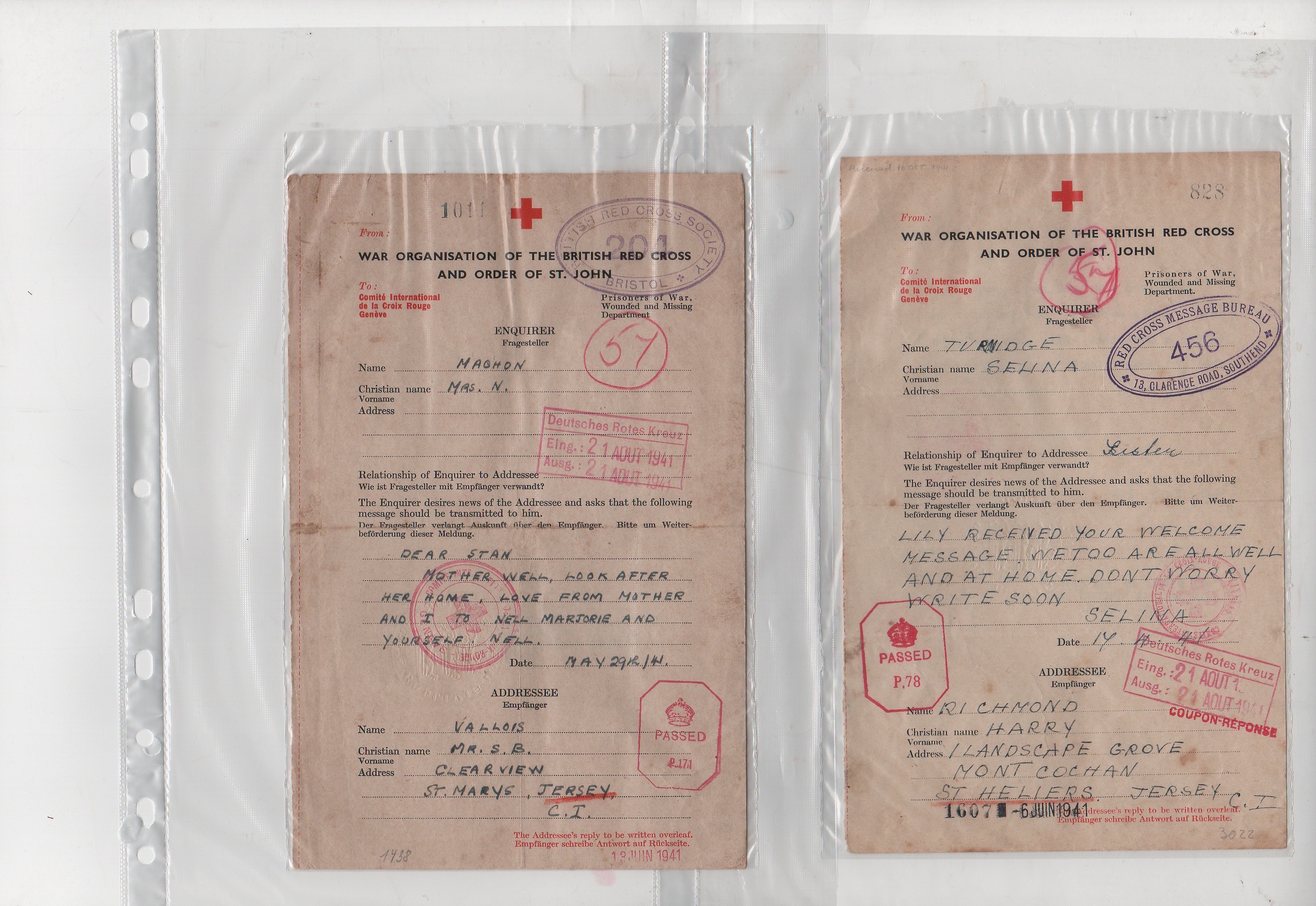 1941 British forms to Jersey all with boxed "Deutsches Rotes Kreuz / Eing.: / Ausg.:" dated "21 AOUT - Image 5 of 5