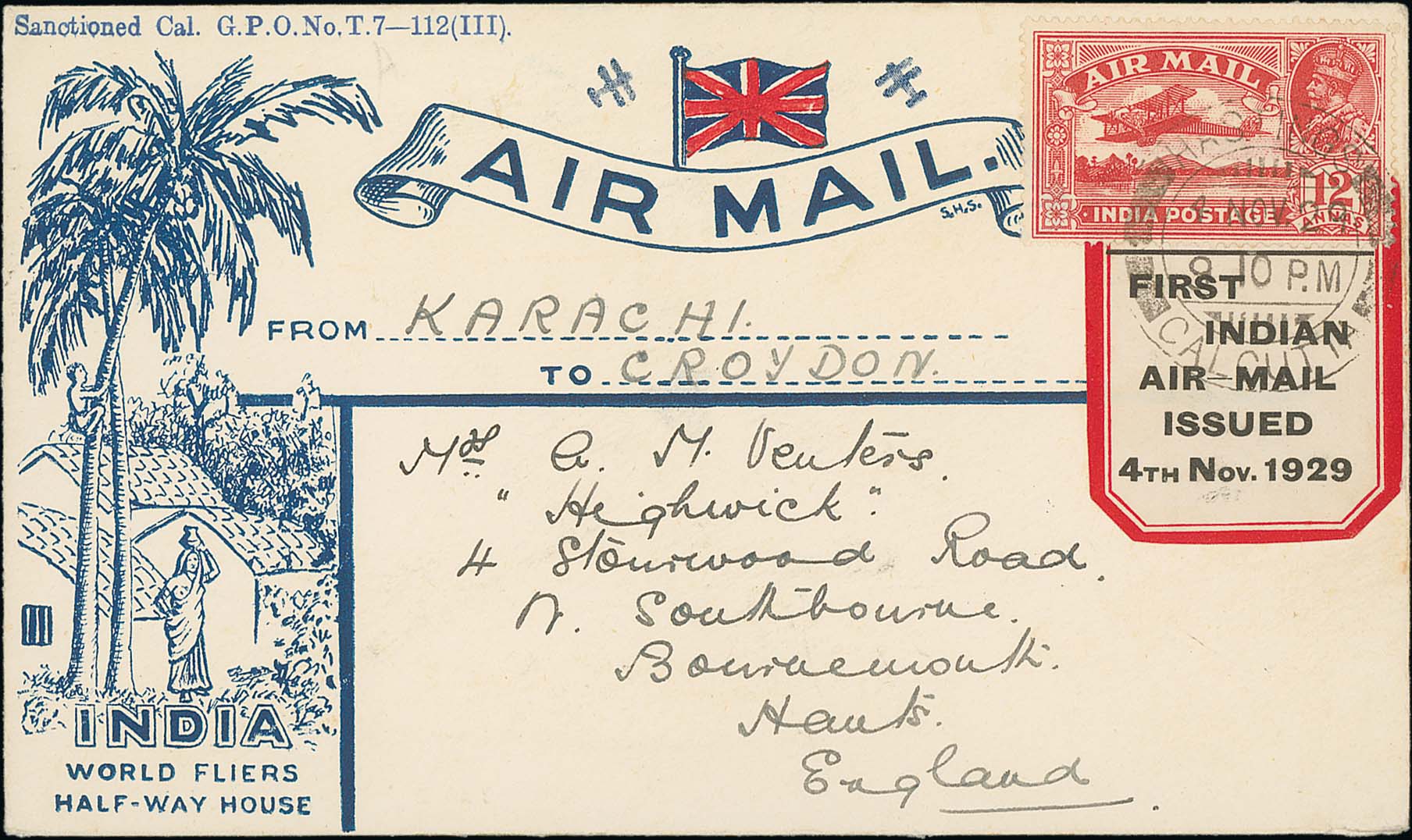 1929 (Nov 4) Air issue, First Day Covers flown to London, one addressed to the USA, bearing 3a + 4a,