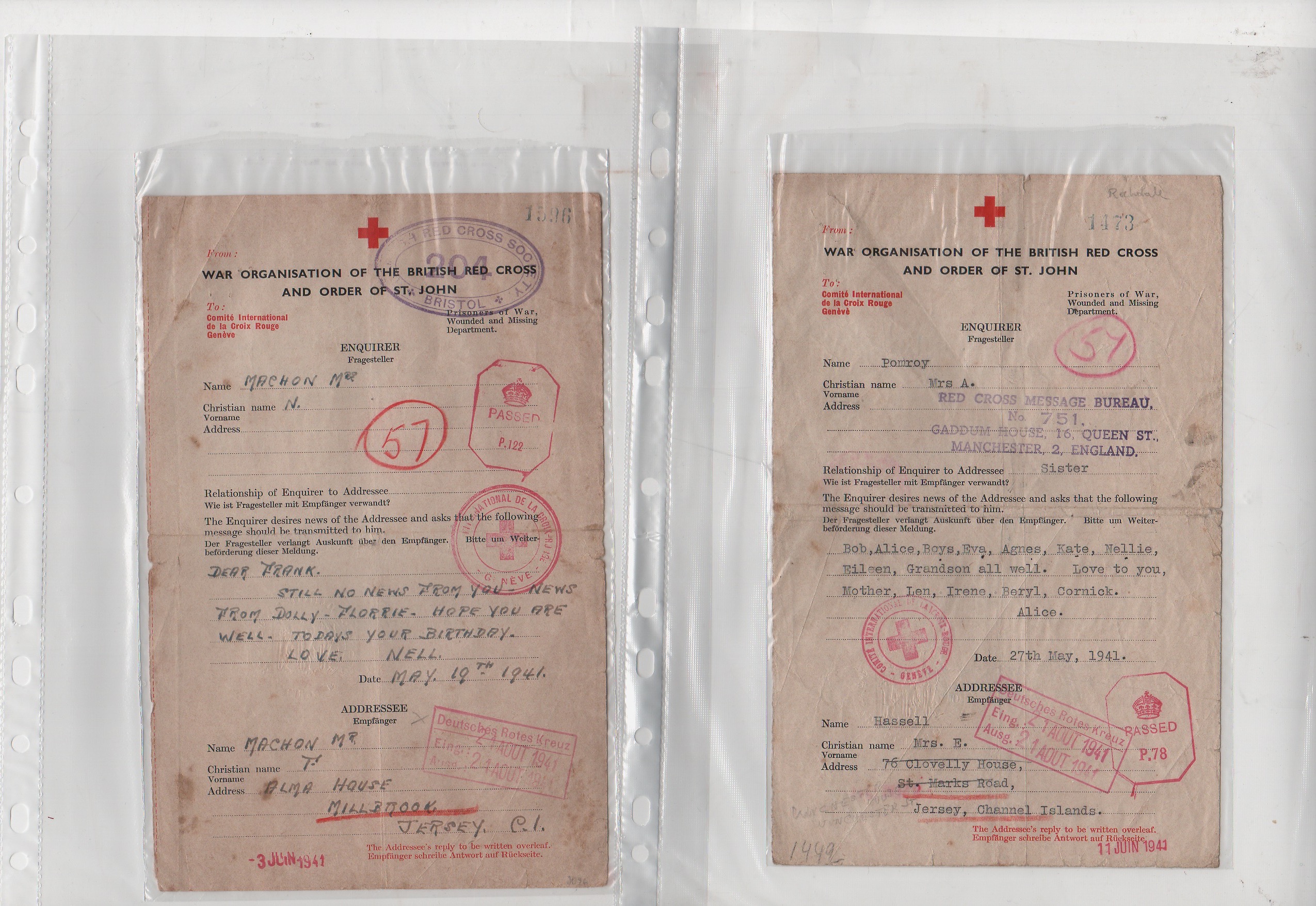 1941 British forms to Jersey all with boxed "Deutsches Rotes Kreuz / Eing.: / Ausg.:" dated "21 AOUT - Image 2 of 5