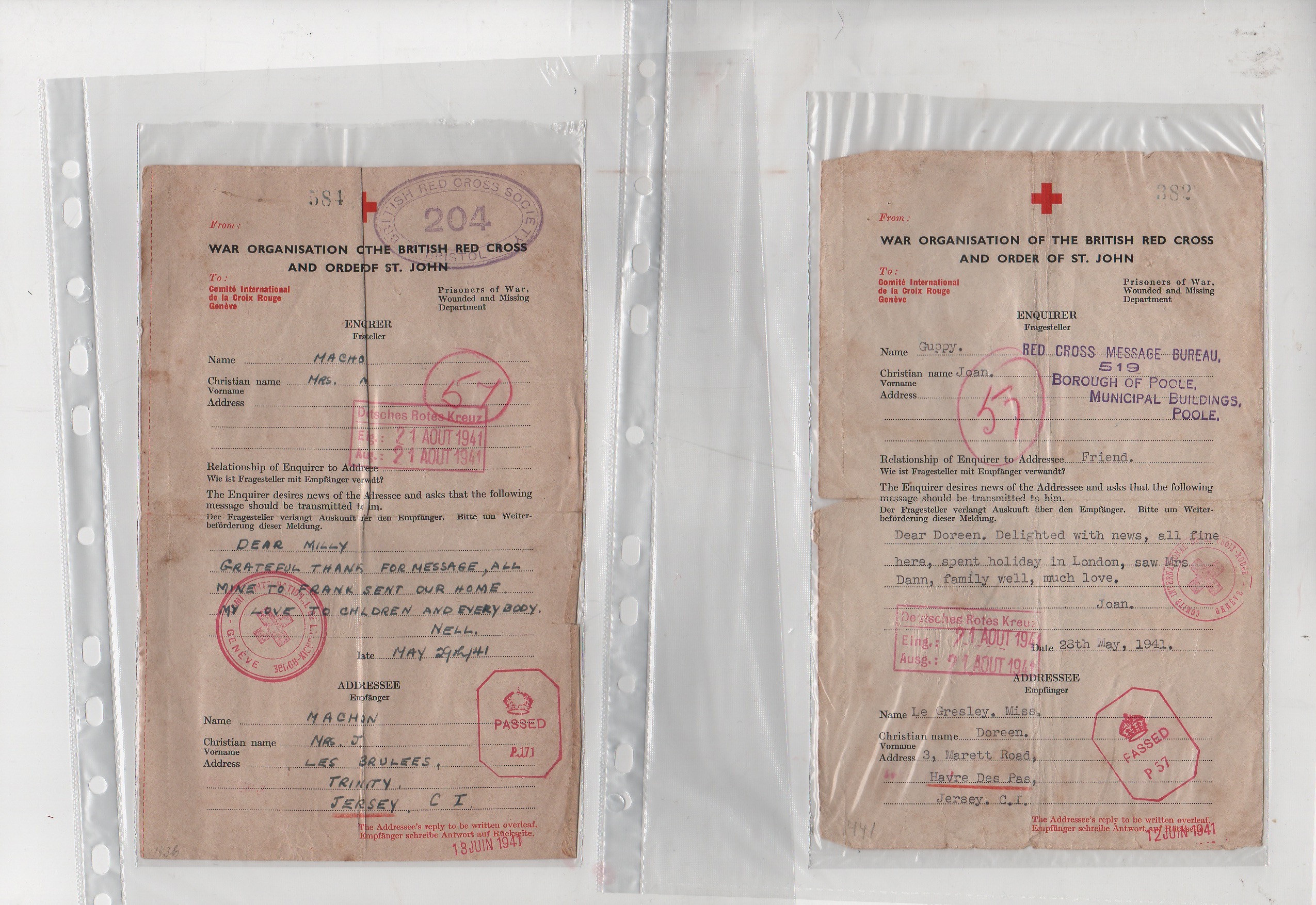 1941 British forms to Jersey all with boxed "Deutsches Rotes Kreuz / Eing.: / Ausg.:" dated "21 AOUT - Image 4 of 5