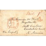 Island of Jura. 1859 Stampless cover (letter enclosed) to USA prepaid 1/- in cash, backstamped