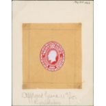 1923 20c Envelope stamp, essay handpainted in red and Chinese white on tracing paper, affixed to