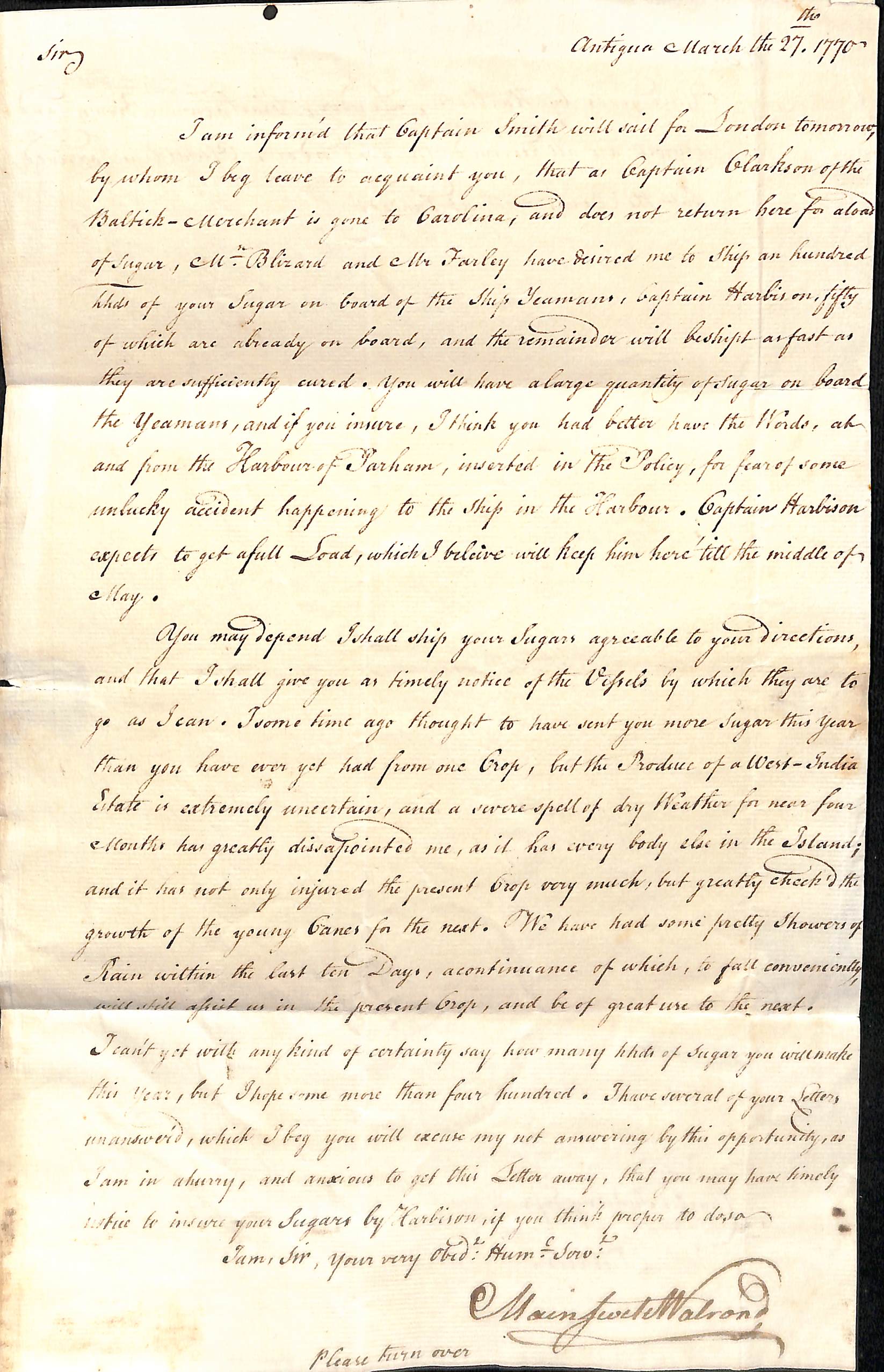 Deal. 1767 (Aug 18) and 1770 (Mar 27) Entire letters from Antigua to Charles Tudway at Wells, care - Image 5 of 6