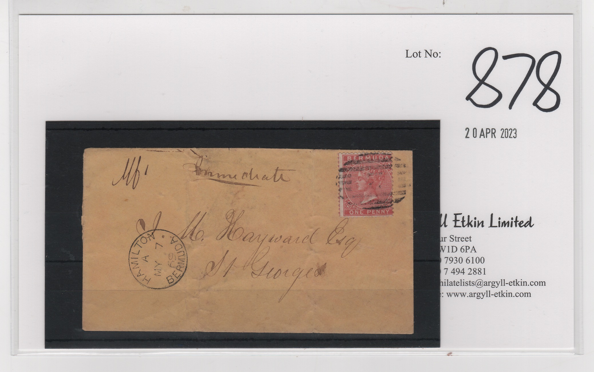 1869 (May 7) Cover to St. Georges endorsed "Immediate", a 1d rose-red cancelled "2" type K1