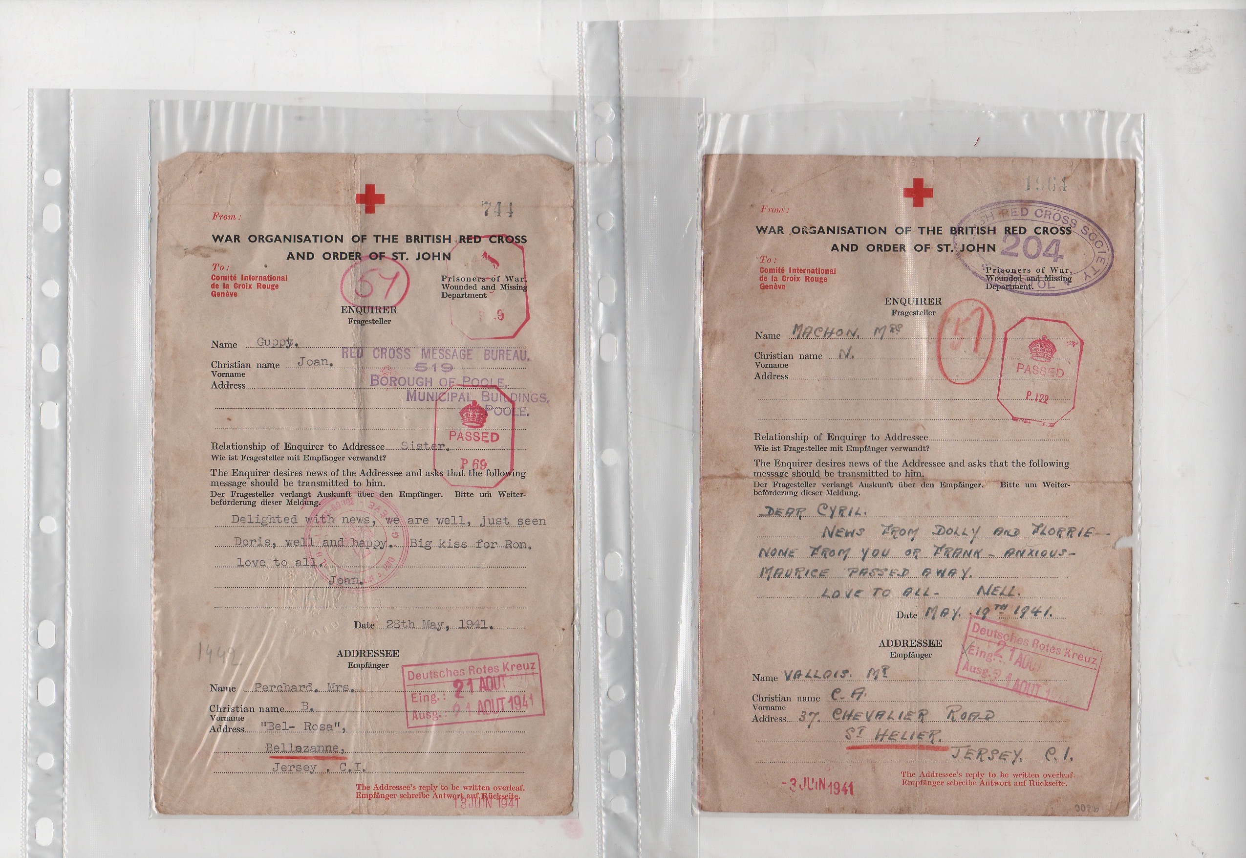 1941 British forms to Jersey all with boxed "Deutsches Rotes Kreuz / Eing.: / Ausg.:" dated "21 AOUT - Image 3 of 5