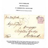 1878 (May 29) Cover to Ireland "via New York" franked 6d dull mauve tied by indistinct "B/1"
