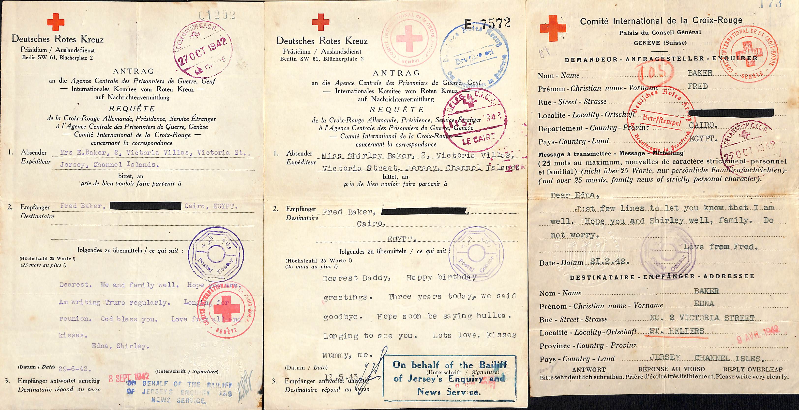 Egypt. 1942-43 Egyptian or Swiss Red Cross forms from Fred Baker to his wife in Jersey, with - Image 3 of 3