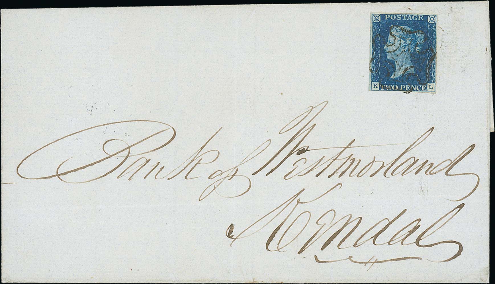1841 (Apr 22) Entire from Kirby Lonsdale to Kendal bearing 1840 2d blue, KL plate 1 with four