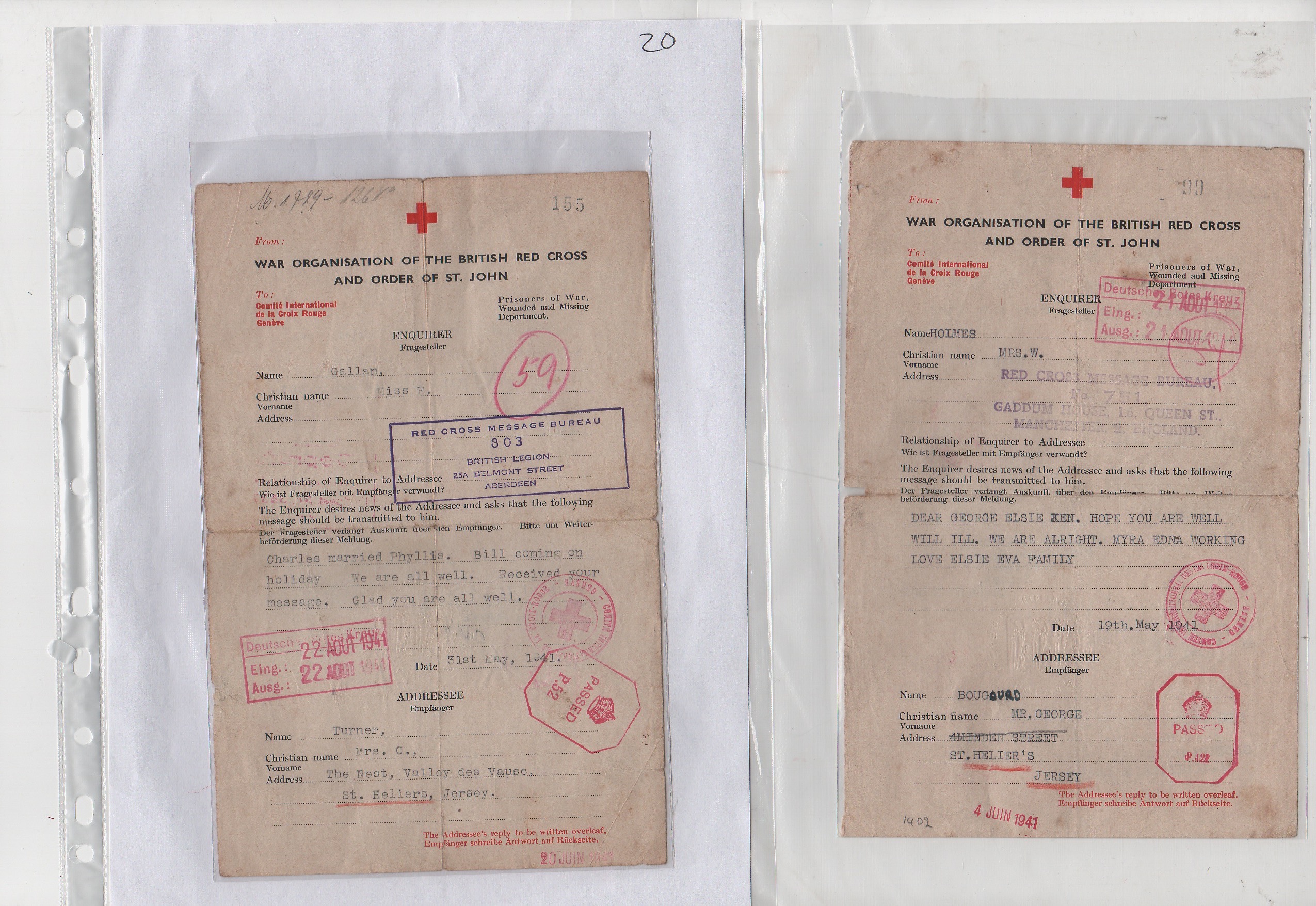 1941 British forms to Jersey all with boxed "Deutsches Rotes Kreuz / Eing.: / Ausg.:" dated "21 AOUT