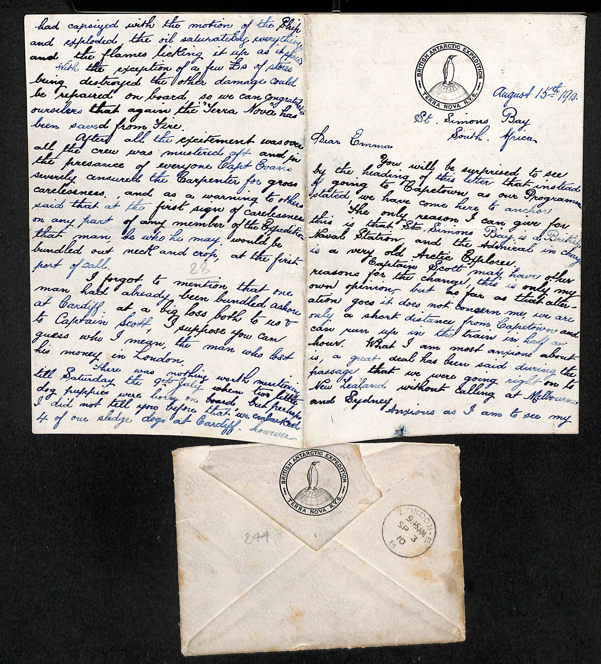 1910-13 Scott Expedition. 1910 (Aug 15) Four page letter written from "St. Simons Bay, South Africa" - Image 3 of 3