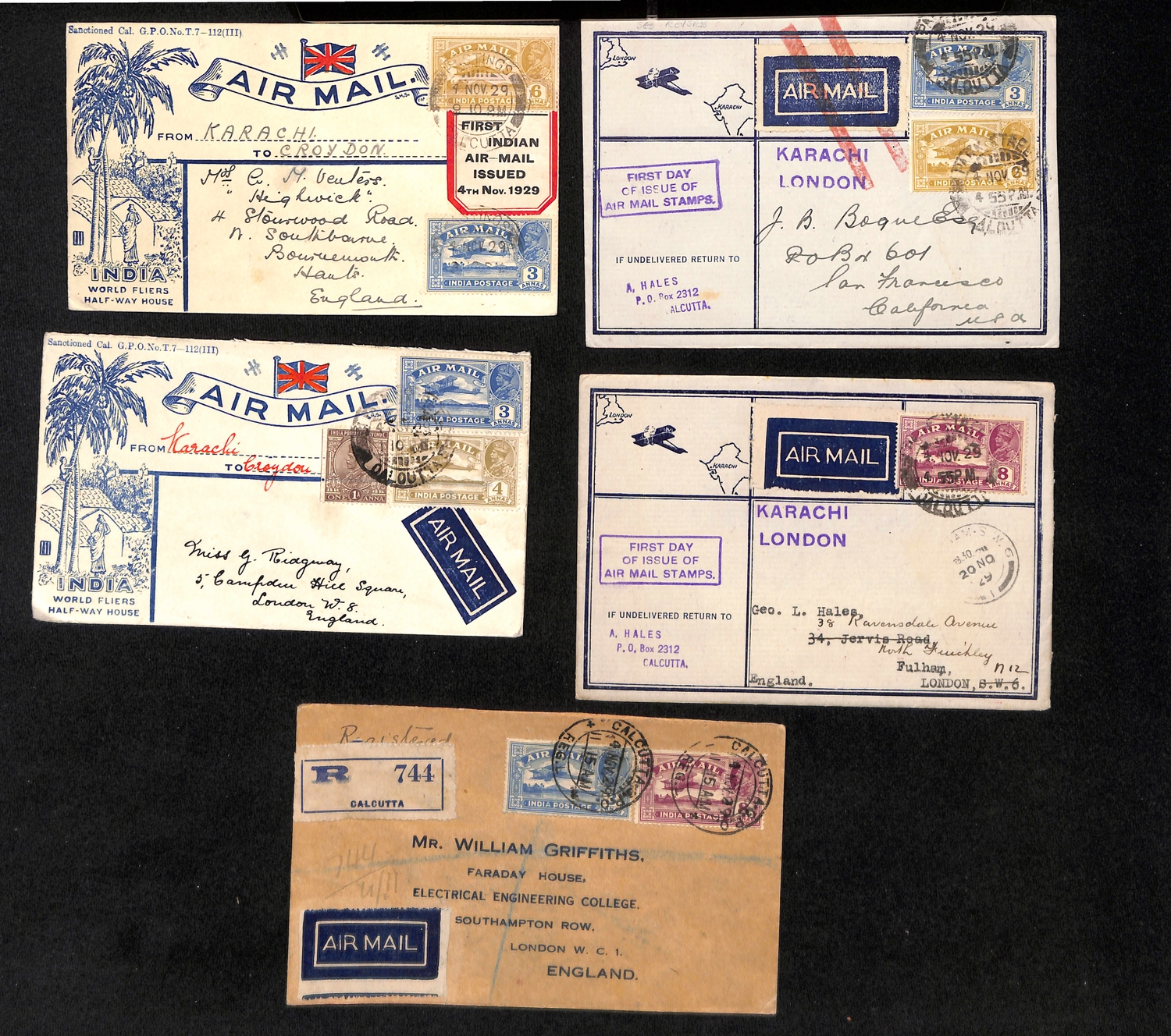 1929 (Nov 4) Air issue, First Day Covers flown to London, one addressed to the USA, bearing 3a + 4a, - Image 2 of 3