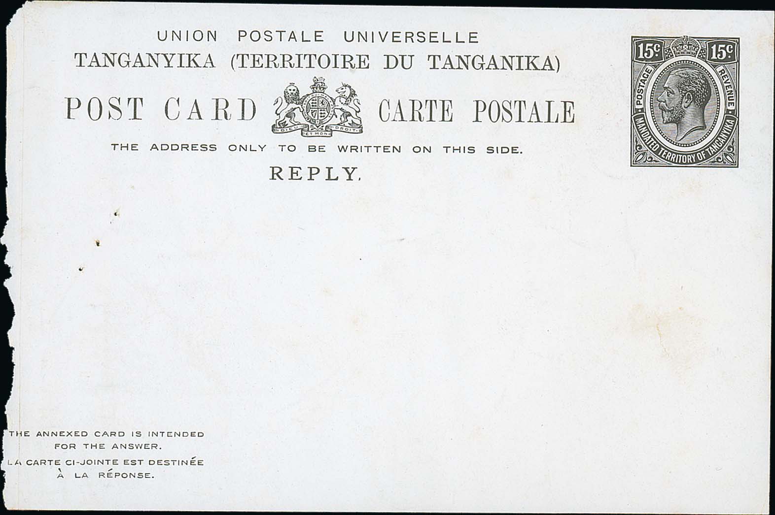 1926 15c Reply card, Die Proof of the reply half in the issued design, printed in black on white