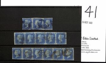 1841 2d Blue plate 3, AA-AE strip of five used with Maltese Cross cancels, margins on all sides,